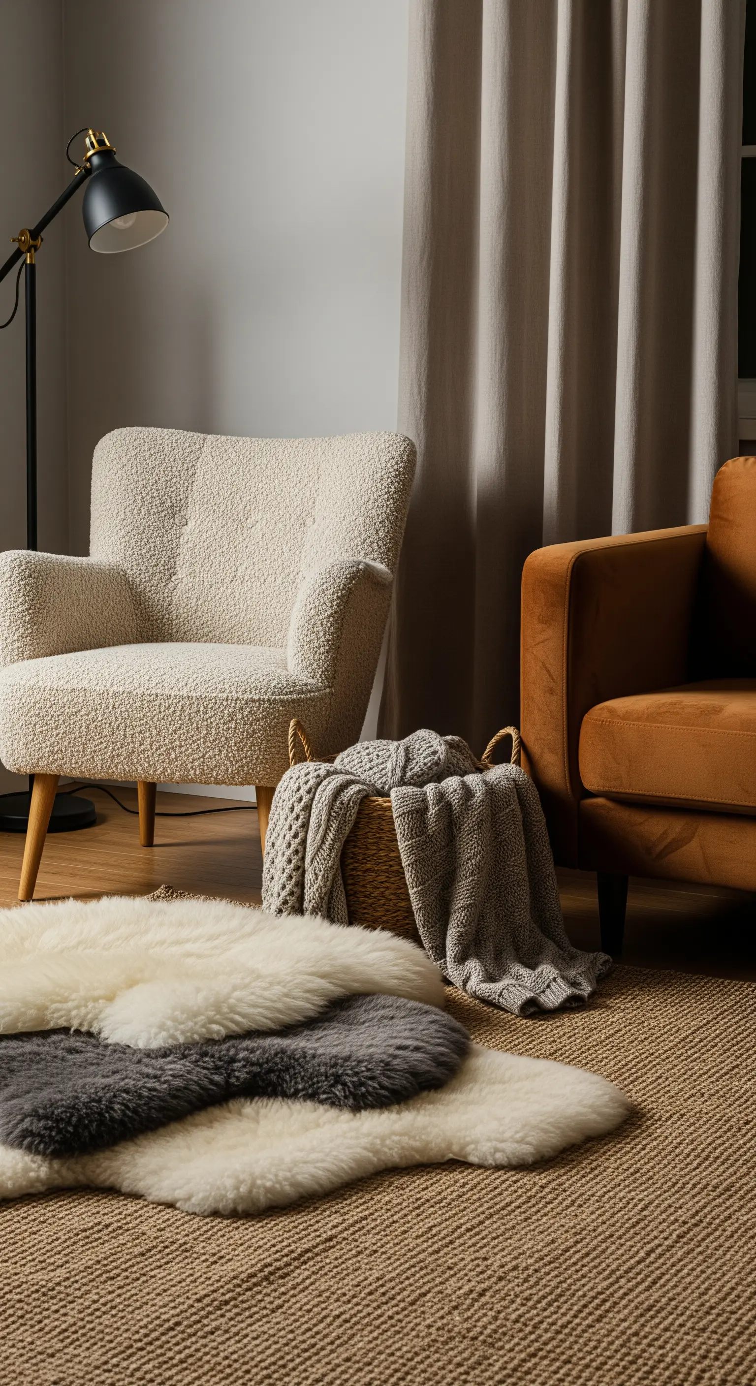 Eine Wohnzimmerecke mit einem Mix aus Texturen: Bouclé-Sessel, Samtsofa und Lammfell-Teppiche.