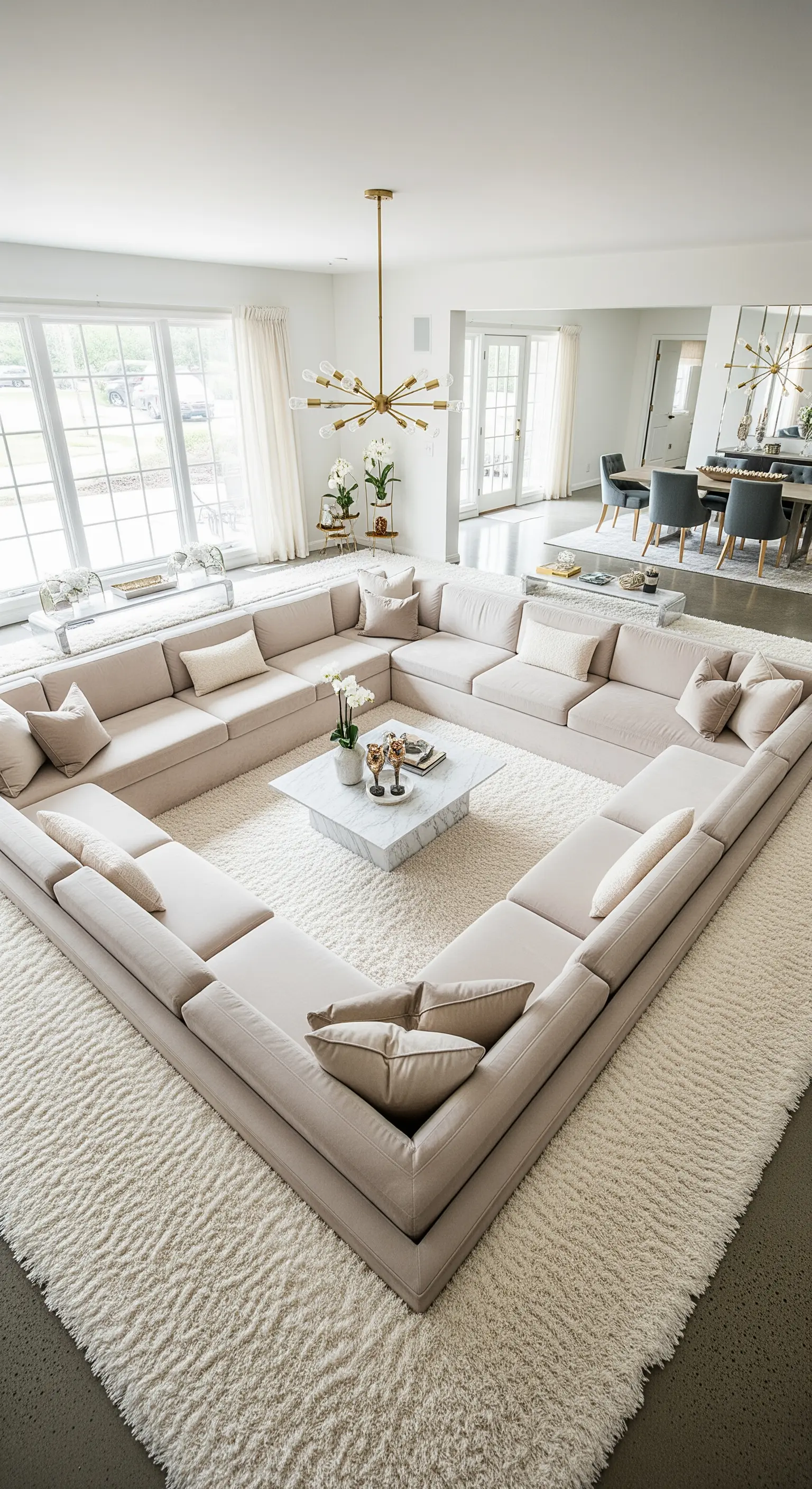 Großes, U-förmiges Sofa, das eine gemütliche Gesprächsinsel in einem offenen Wohnraum bildet.