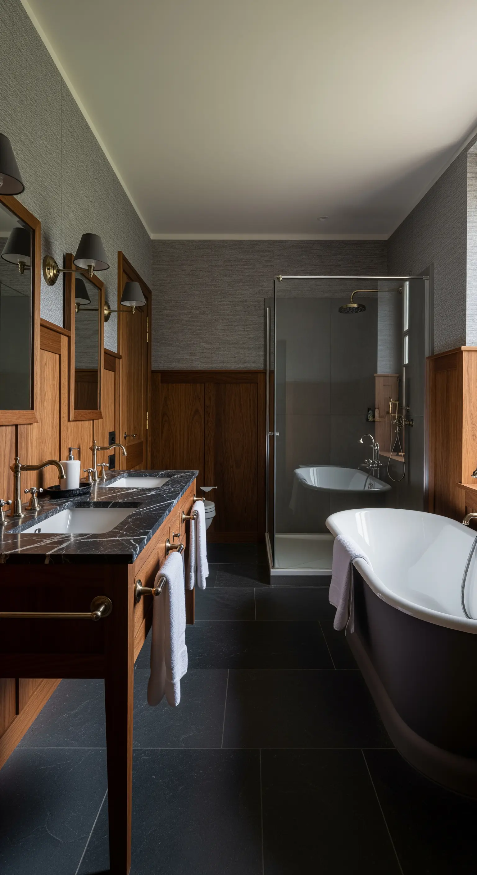 Dunkles, maskulines Badezimmer mit Schieferboden, Holzpaneelen und schwarzem Marmor.