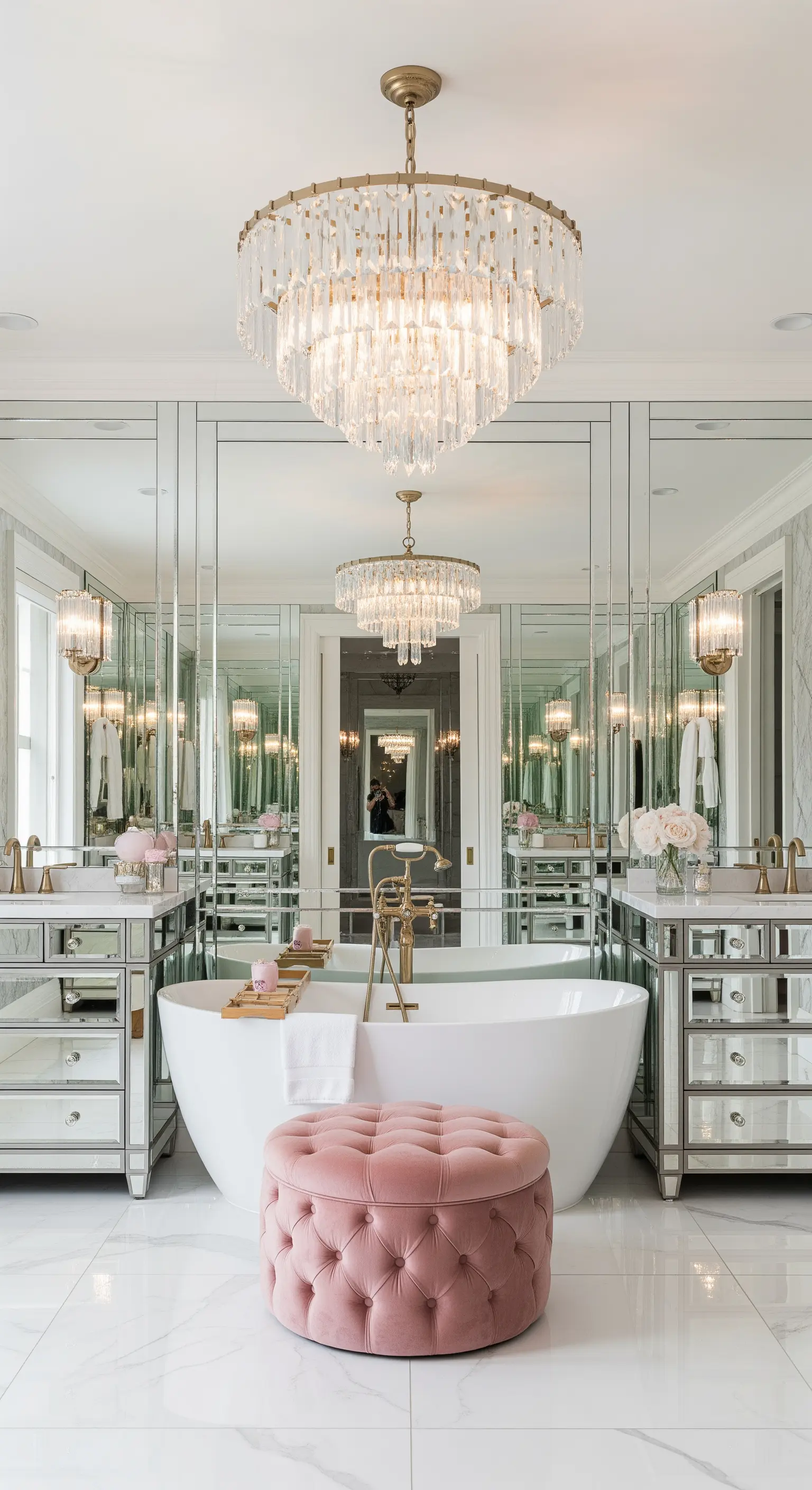 Luxuriöses Badezimmer mit raumhoher Spiegelwand, Kristall-Kronleuchter und rosa Samt-Pouf.
