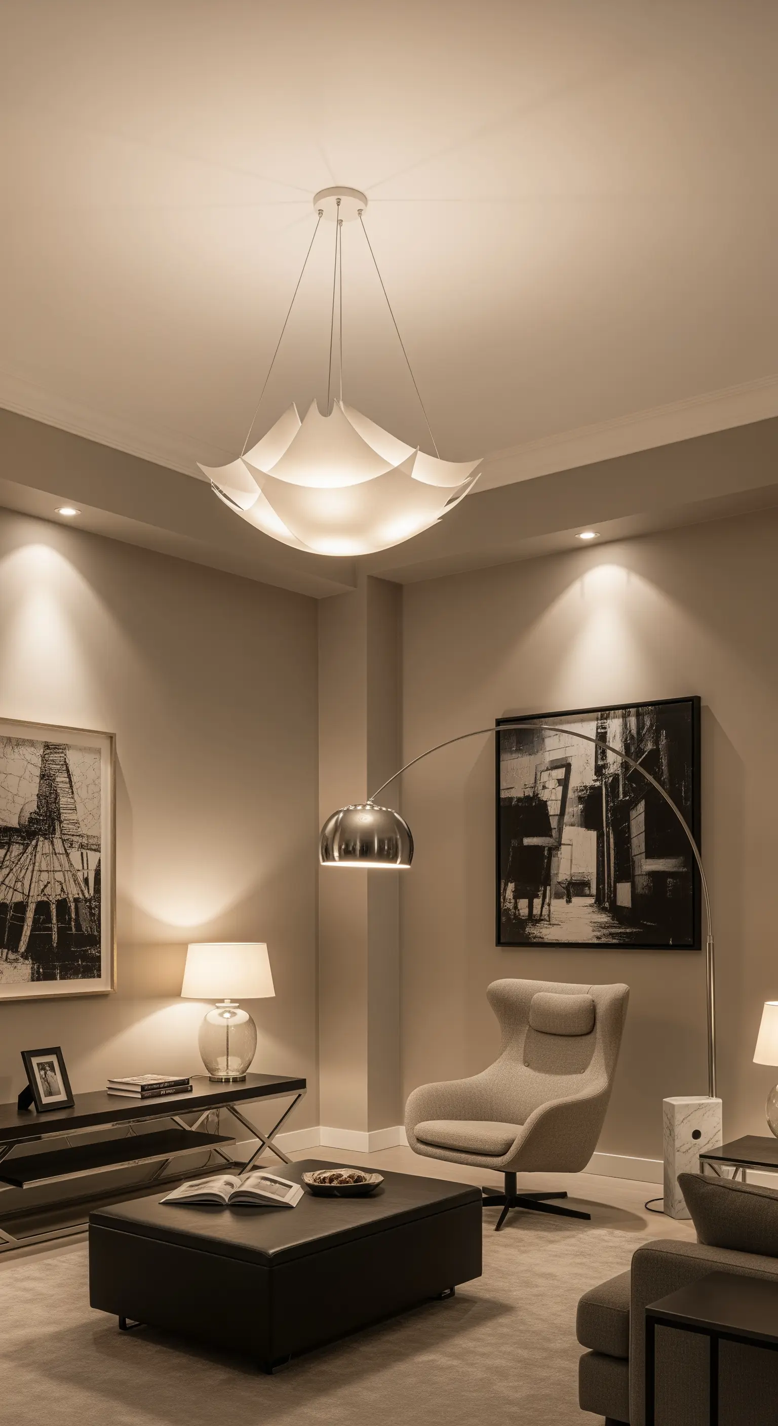 Modernes Wohnzimmer mit einer Kombination aus Deckenleuchte, Bogenlampe, Tischlampe und Spots.