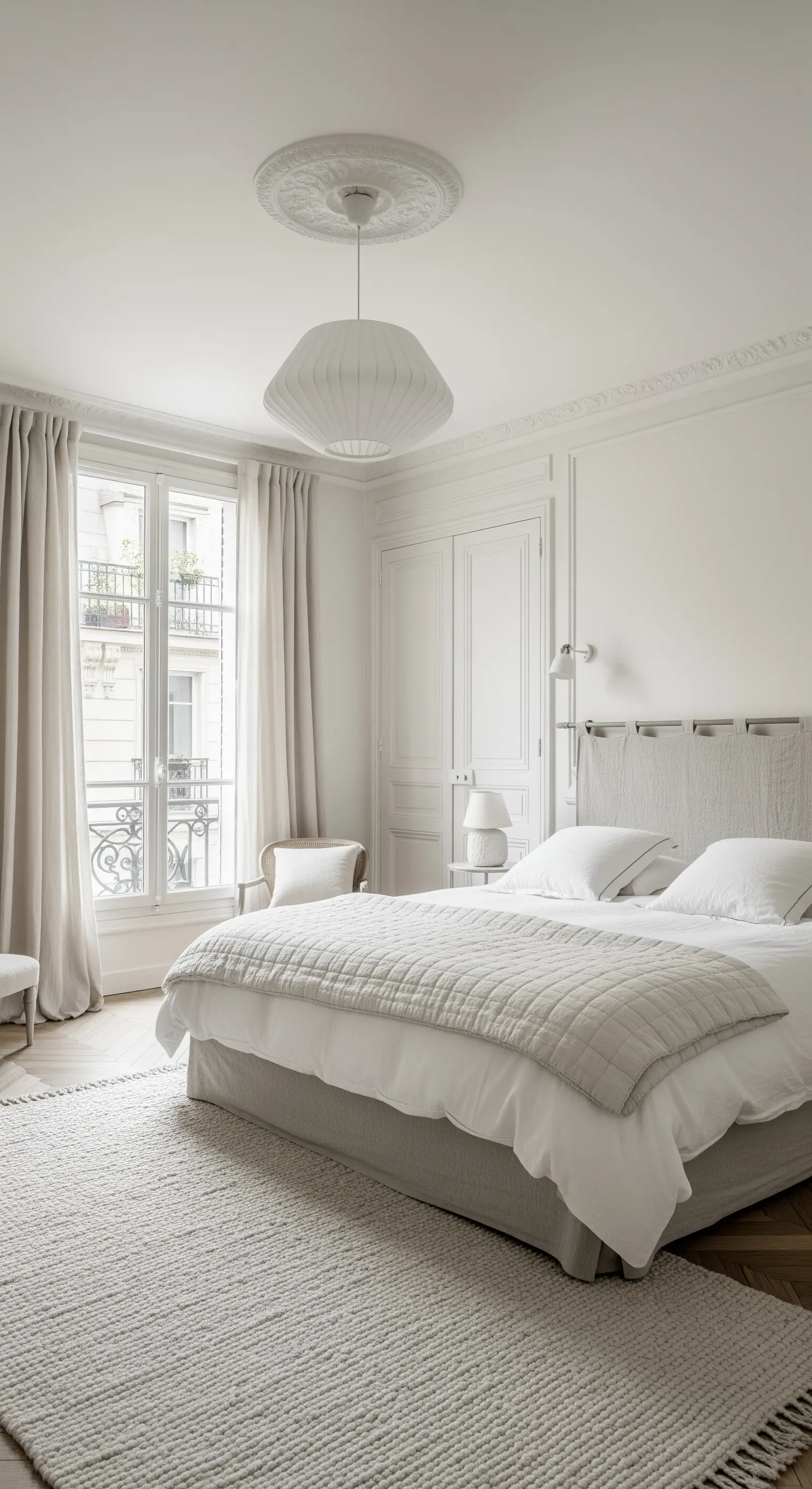 Helles, ruhiges Schlafzimmer in Weiß- und Greigetönen mit verschiedenen Texturen