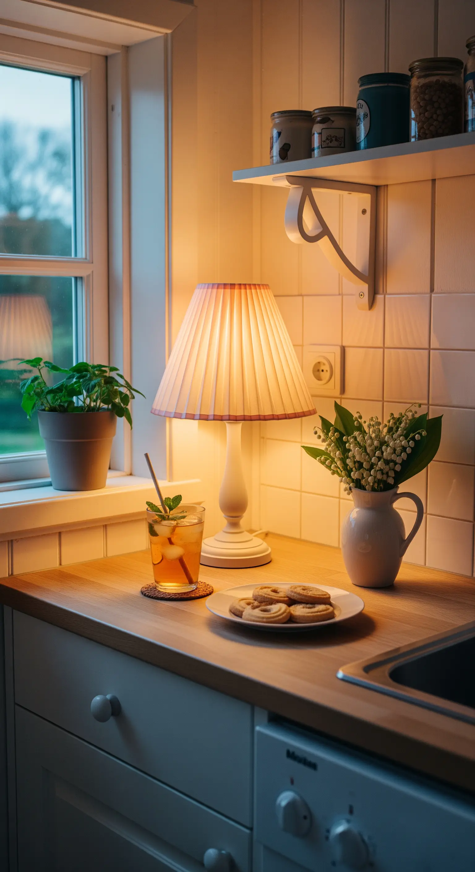Kleine Tischlampe mit Plisseeschirm spendet warmes Licht auf einer Küchentheke am Abend