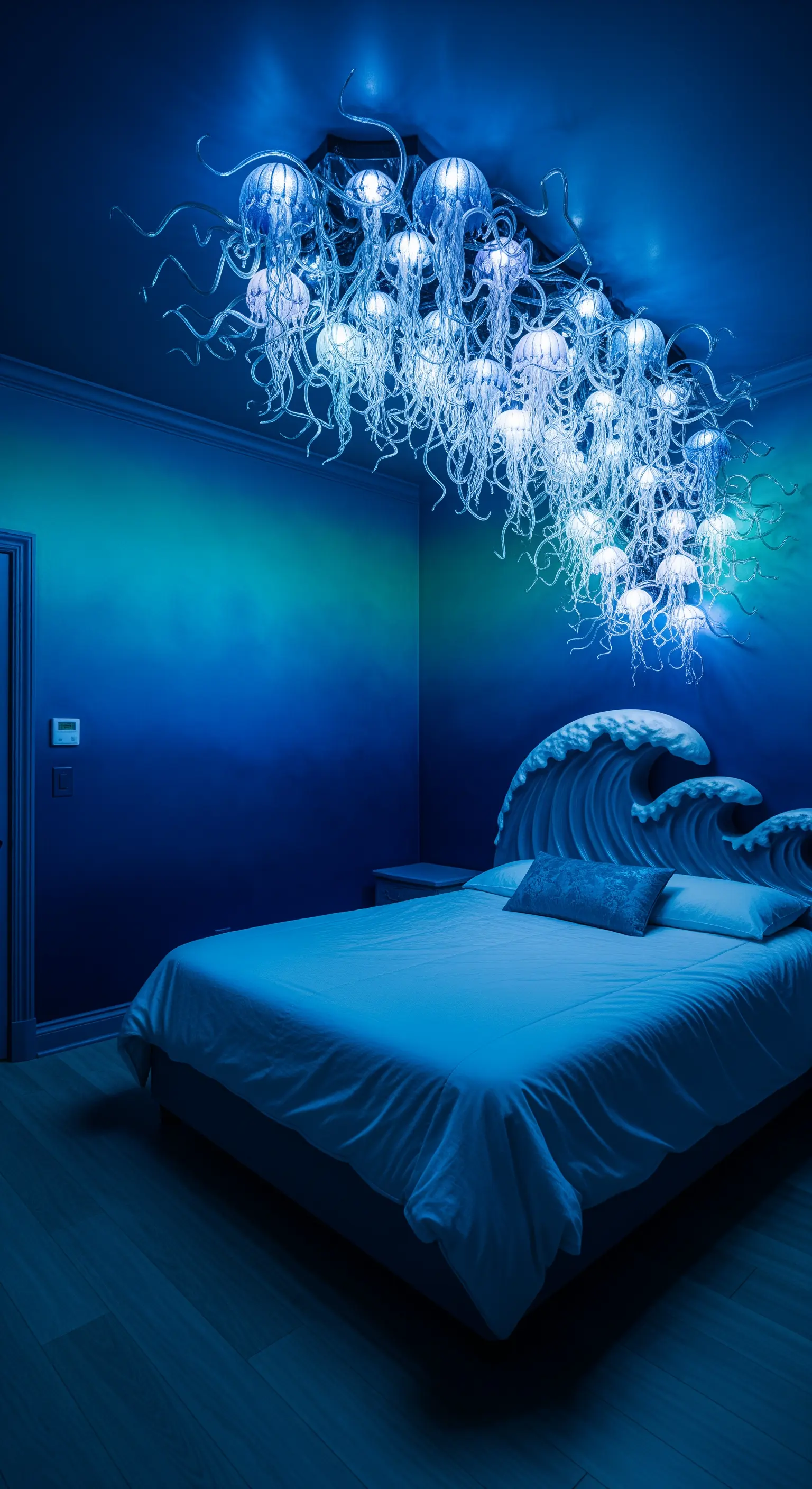 Leuchtende Glas-Skulptur in Form von Quallen an der Decke eines blauen Schlafzimmers.