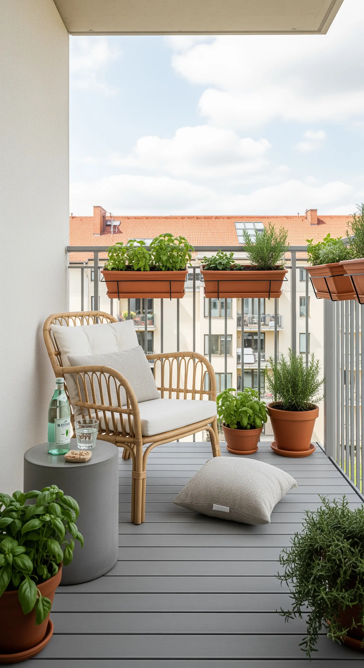 Moderner Stadtbalkon mit Rattan-Sessel und vielen Kräutern in Terrakottatöpfen.