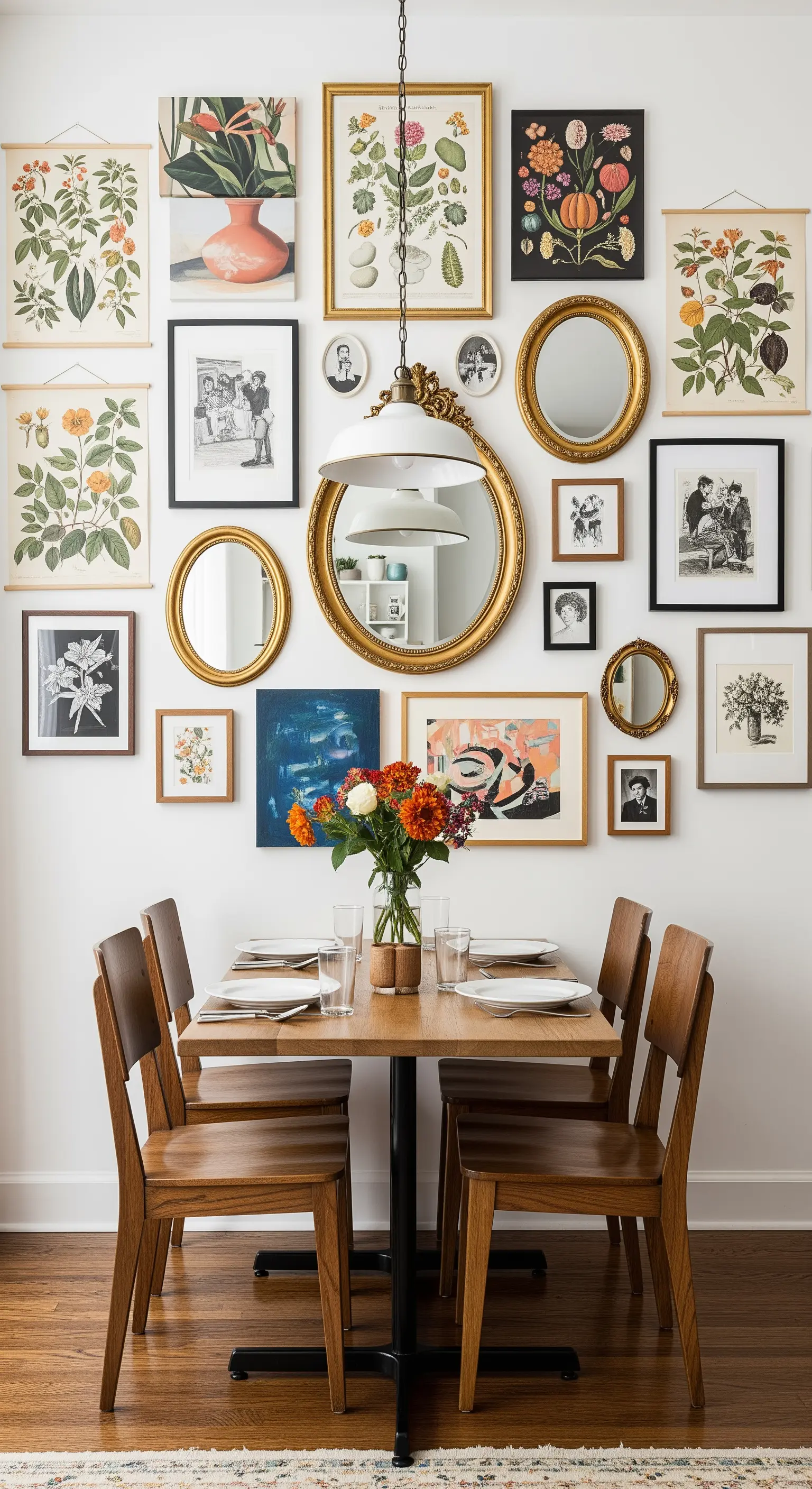 Essplatz vor einer dichten Galeriewand mit botanischen Drucken und goldenen Spiegeln.