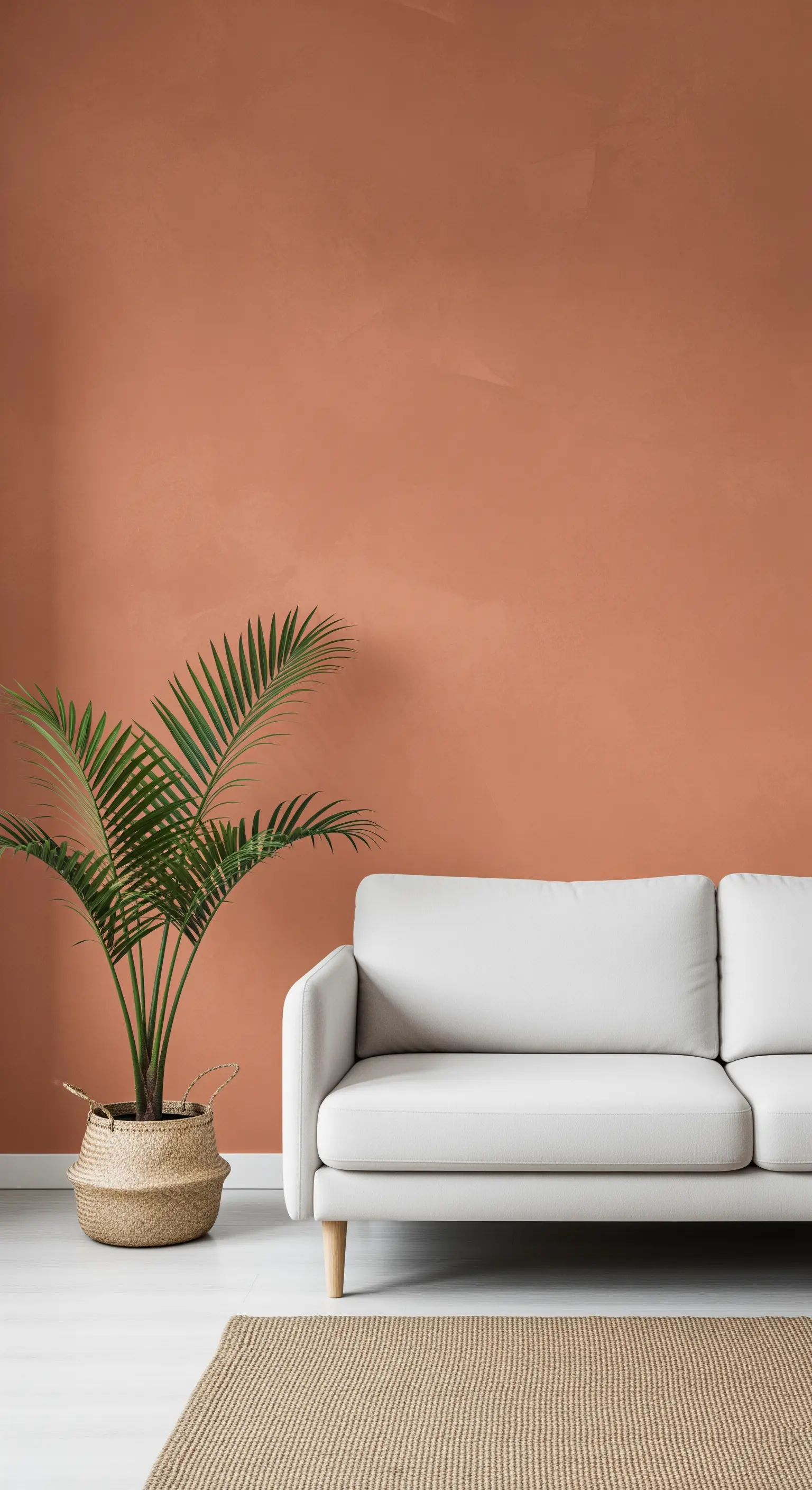 Helles Sofa vor einer Akzentwand in einem warmen Terrakotta-Farbton.