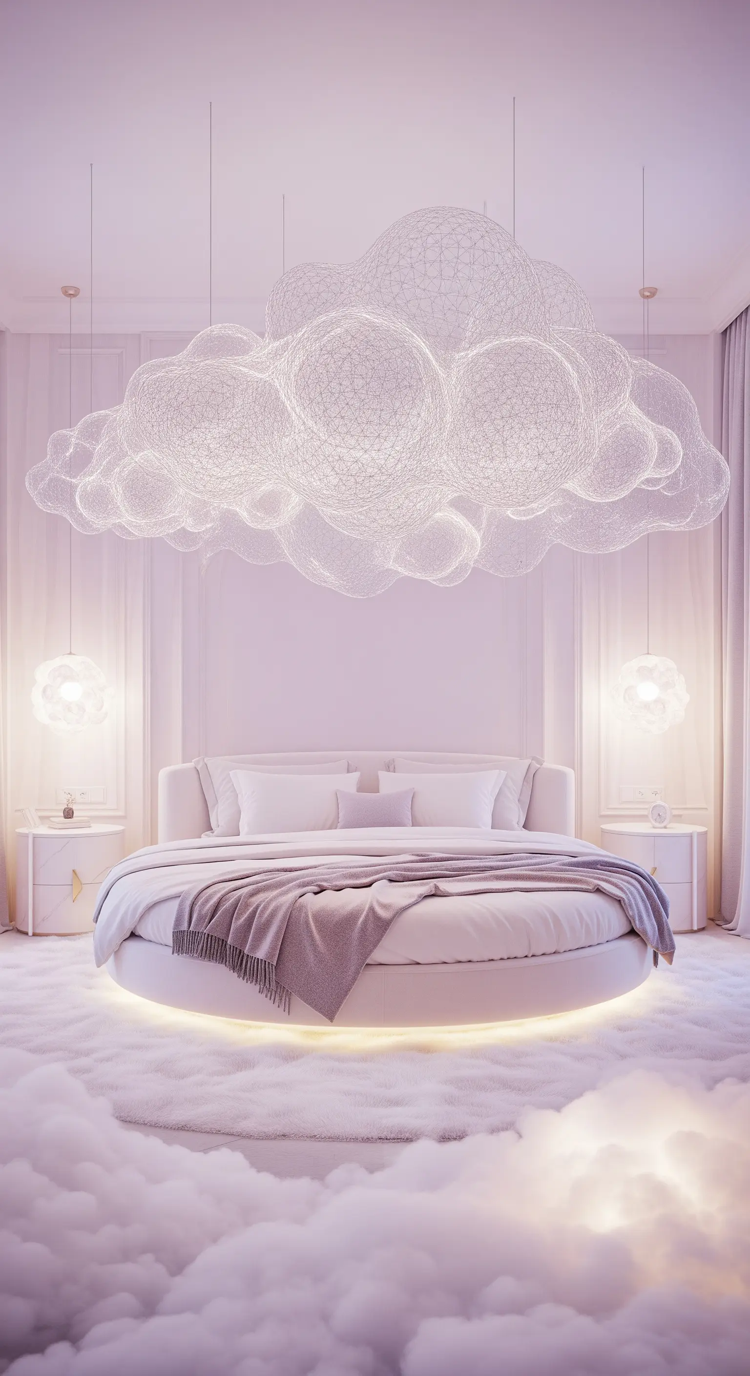 Leuchtende Wolken-Skulptur als Lampe über einem runden Bett in einem weißen Schlafzimmer.