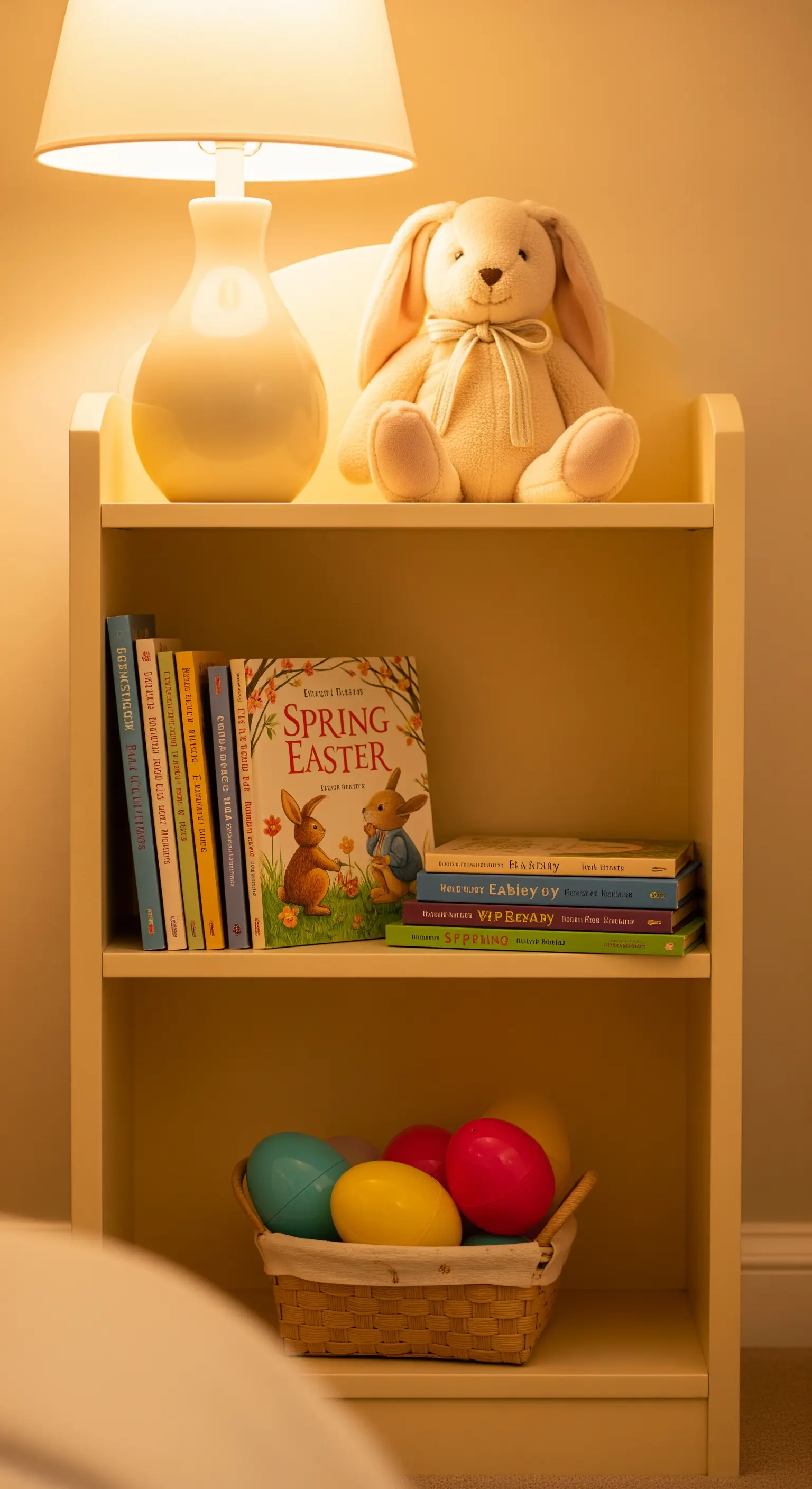 Kleines Regal mit Oster-Kinderbüchern, Stoffhasen und bunten Eiern