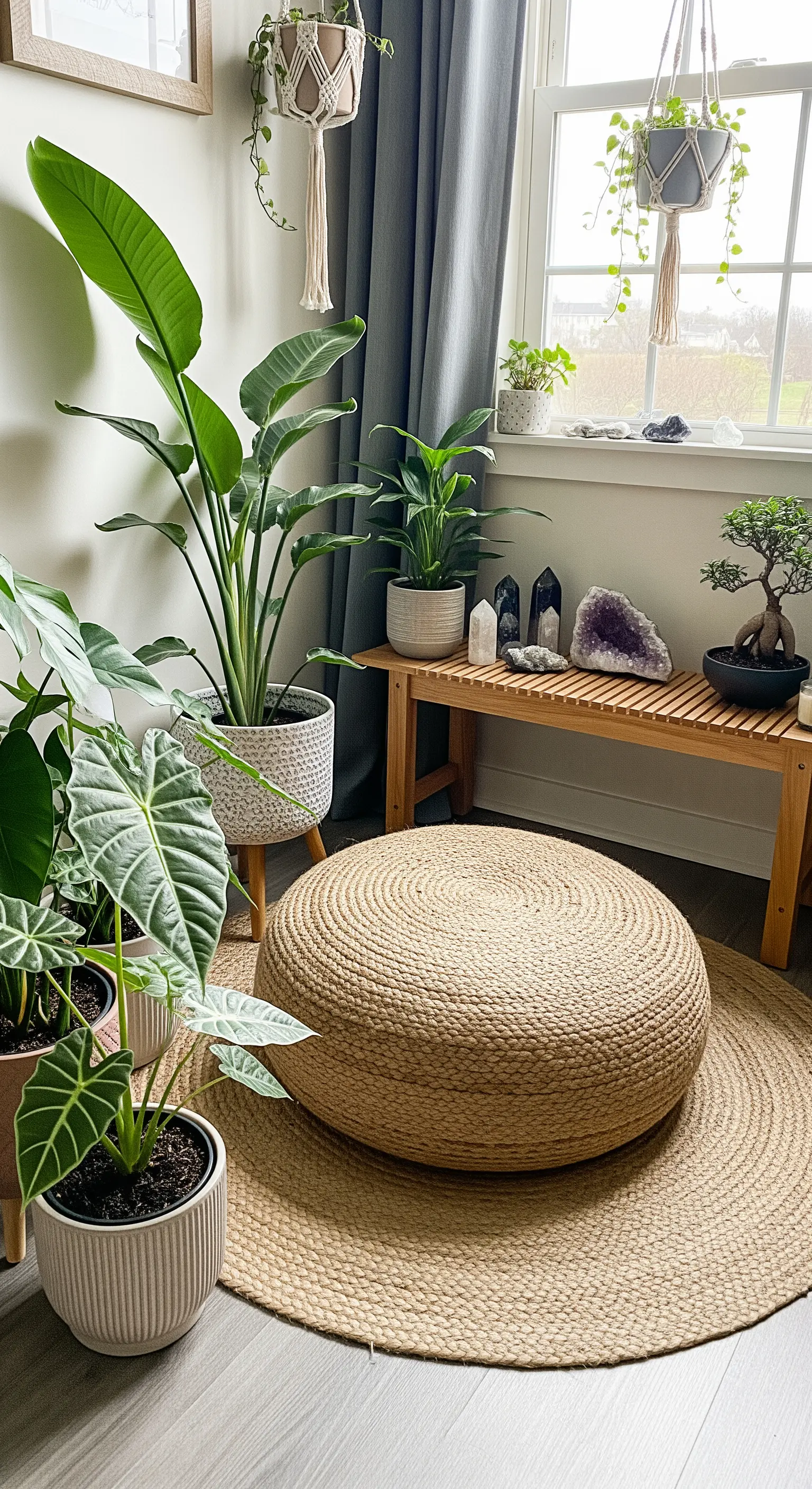 Eine ruhige Ecke mit großen Pflanzen, einem Jute-Pouf und Heilsteinen auf einer Holzbank.