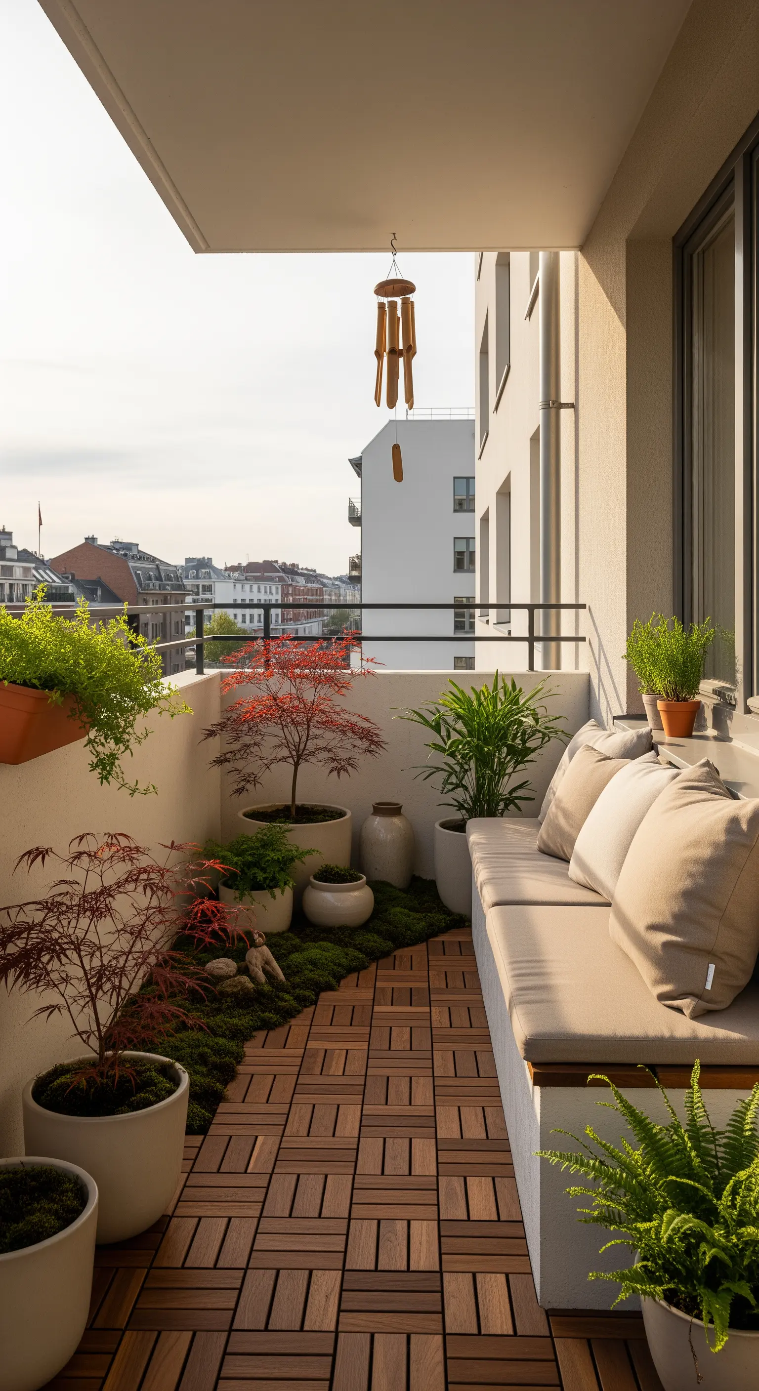 Japandi-Balkon mit Holzboden, Fächerahorn in Töpfen, Moosbeet und einer gemütlichen Bank