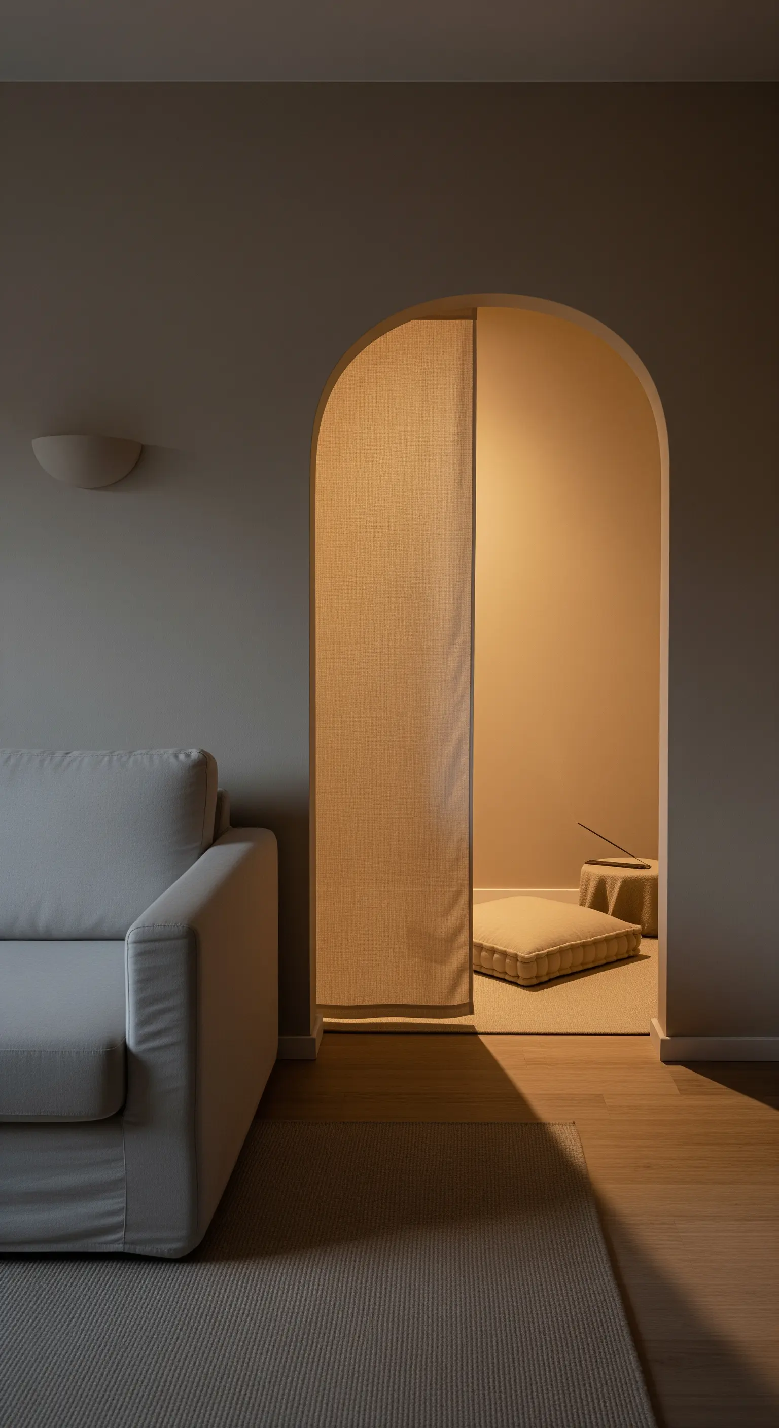 Durch einen Bogen sichtbare, abgetrennte Nische mit einem Bodenkissen und warmem Licht.