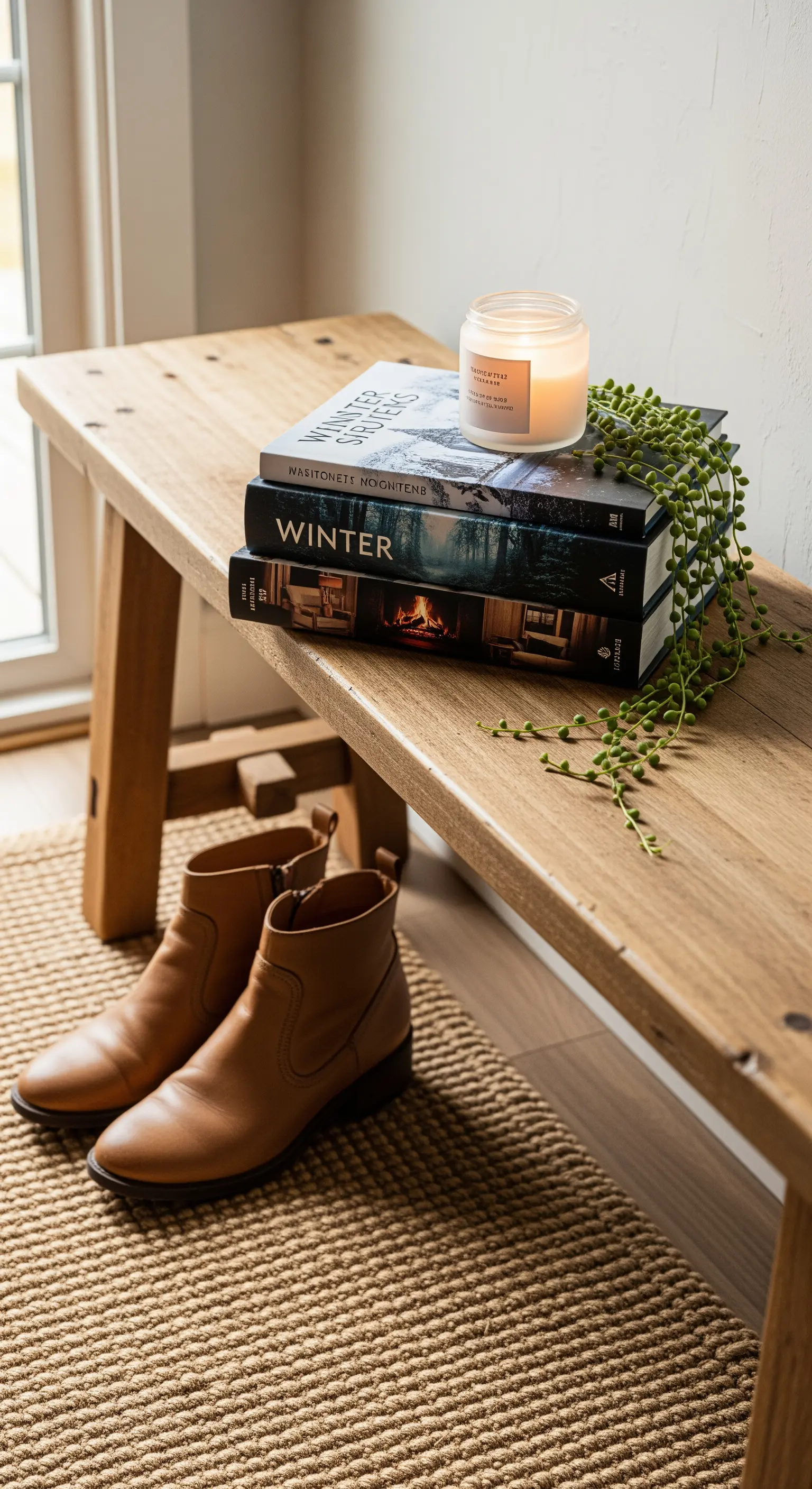 Holzbank mit Büchern, Duftkerze und Jute-Matte im Flur