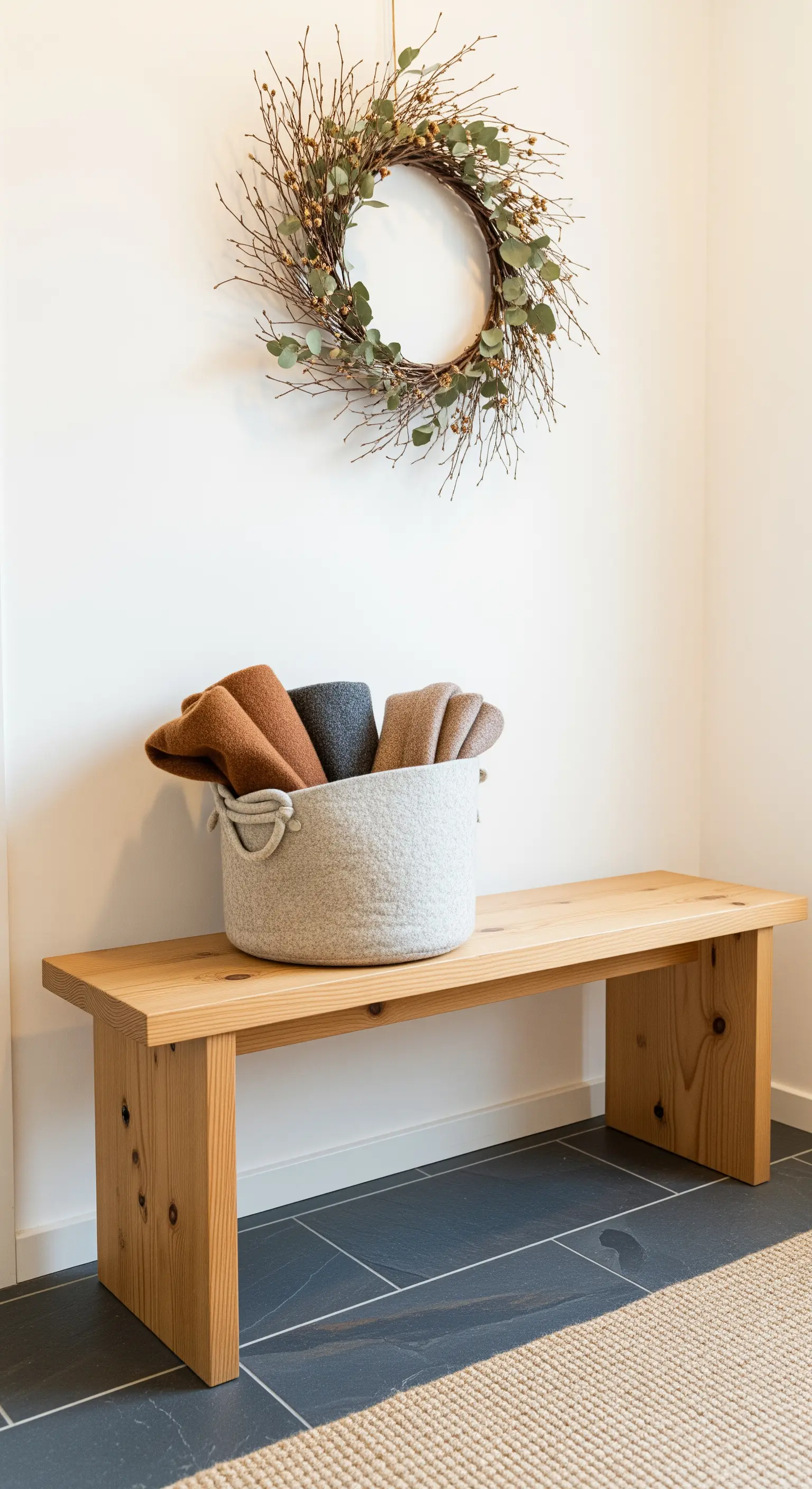 Eingangsbereich, Holzbank, Filzkorb, Decken, Herbstkranz