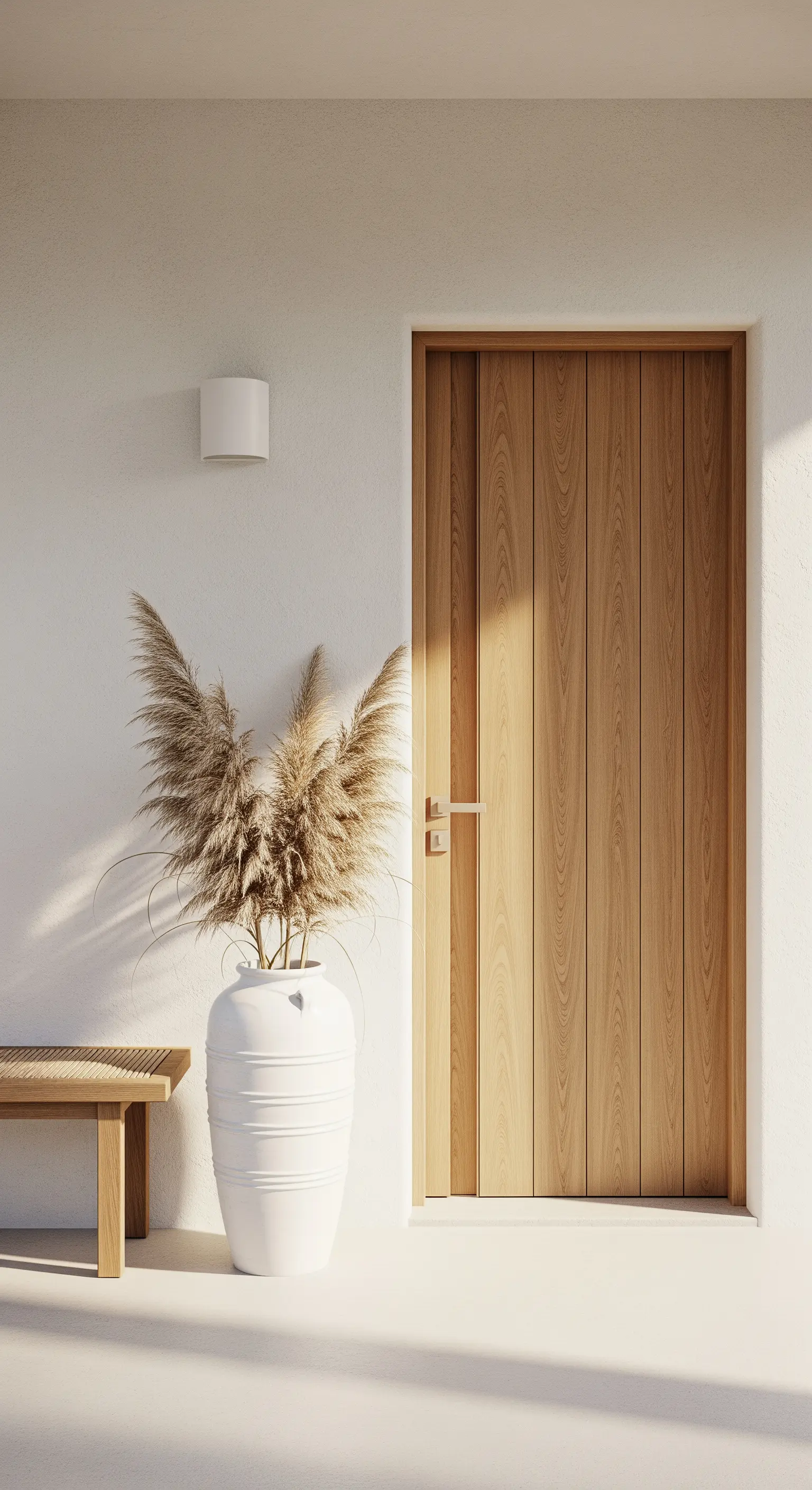 Japandi-Eingang mit Holztür, Pampasgras in weißer Vase und Holzbank.