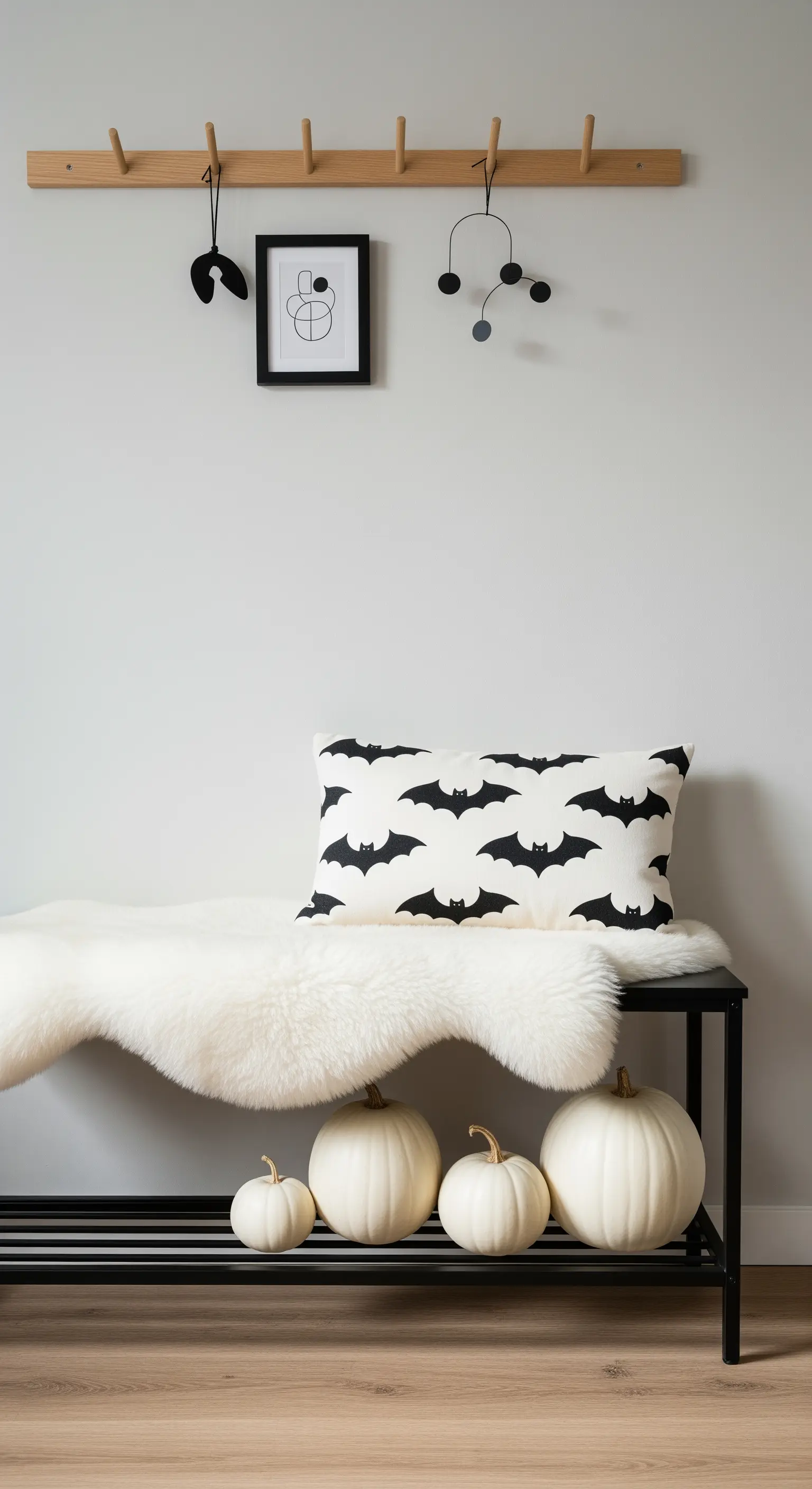 Eingangsbank mit weißem Kunstfell, Fledermaus-Kissen und weißen Kürbissen.