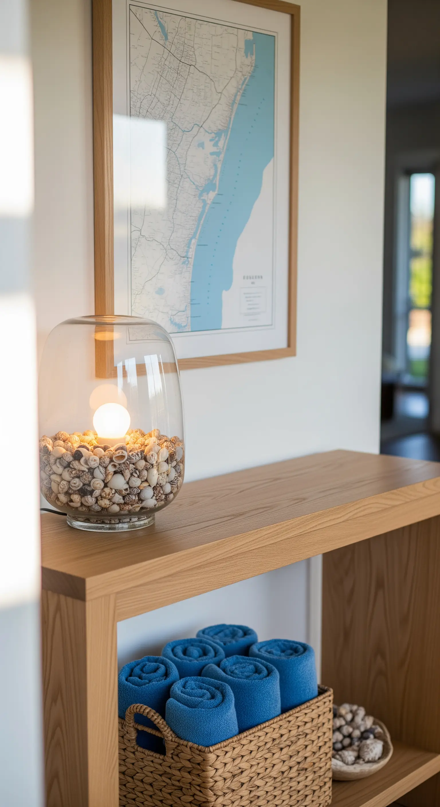 Muschel-Lampe, Küstenkarte, blaue Handtücher