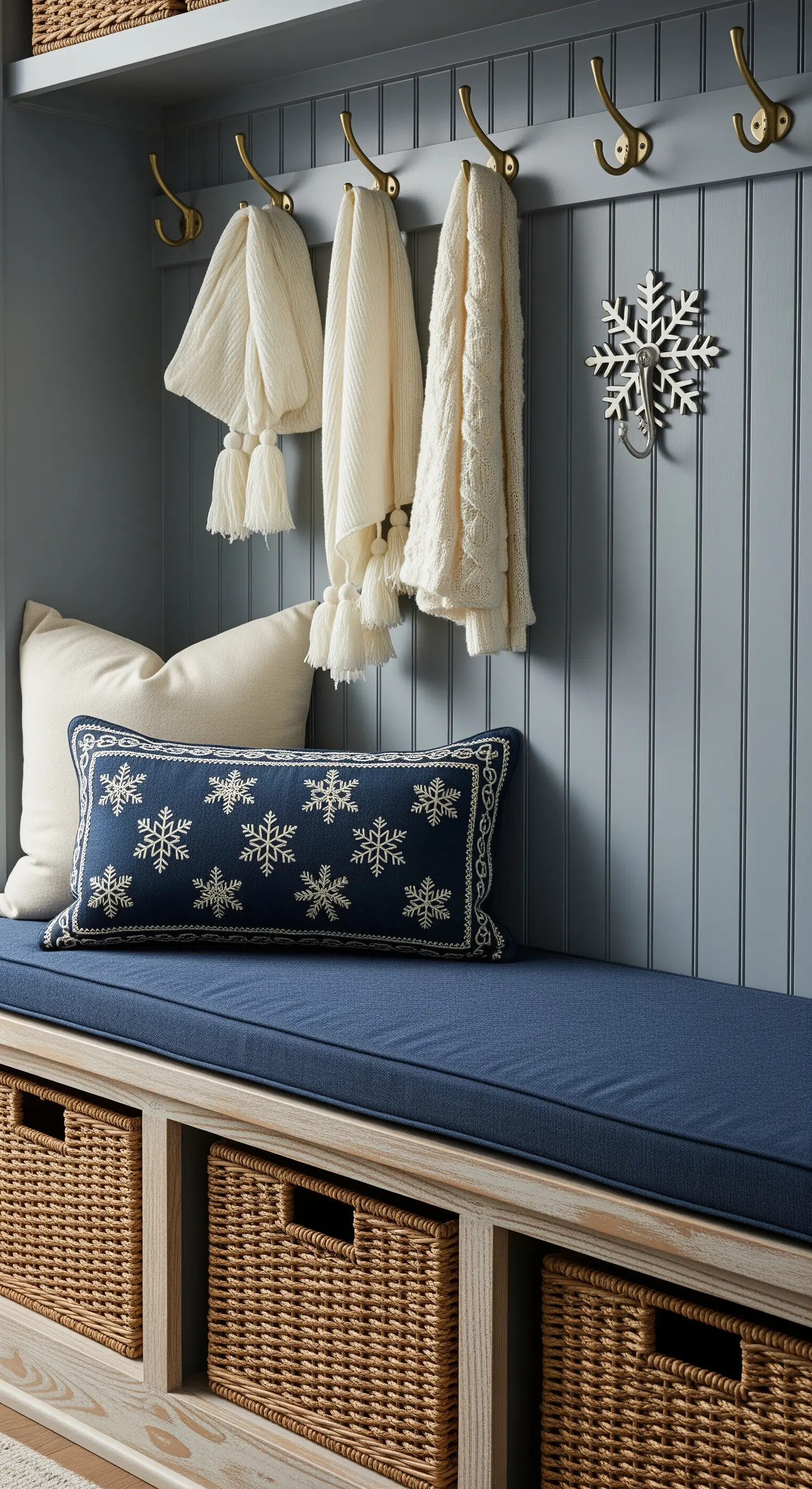Eingangsbereich mit Garderobe in Graublau, Schneeflocken-Kissen und geflochtenen Körben
