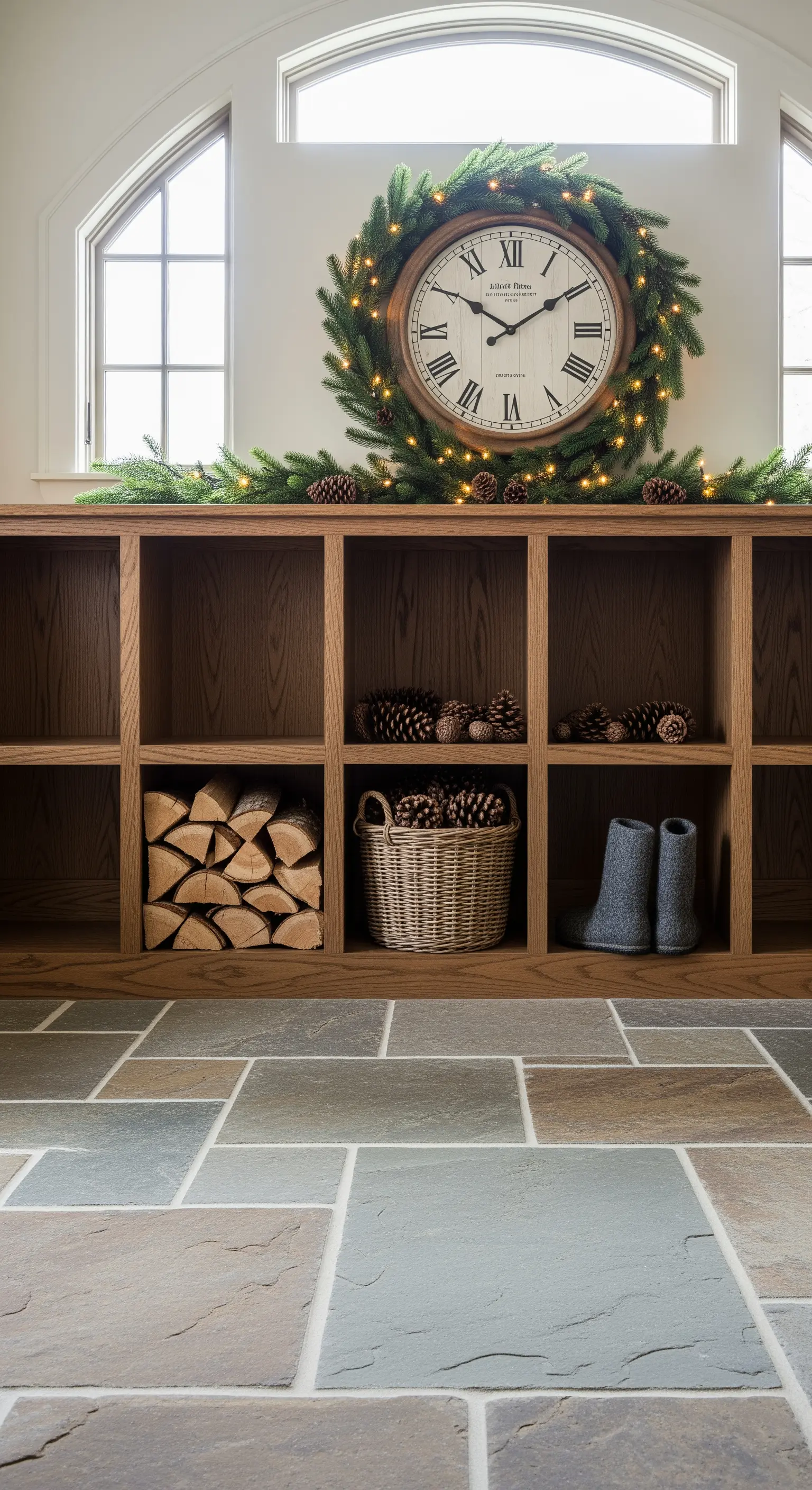 Eingangsregal mit Holz, Körben und Wanduhr mit Tannenkranz und Lichtern