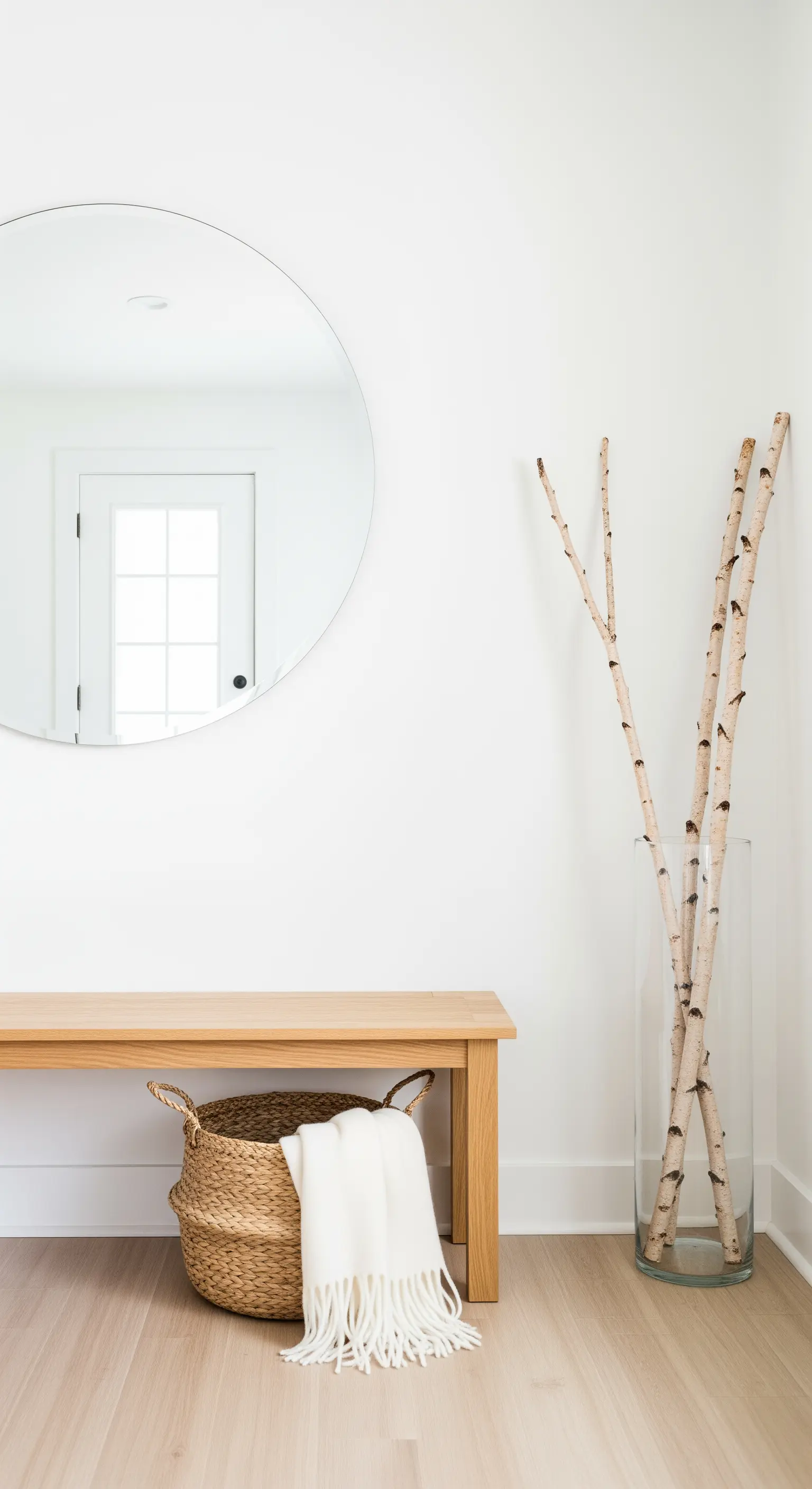 Minimalistischer Eingangsbereich mit Holzbank, Korb, Spiegel und Birkenästen.