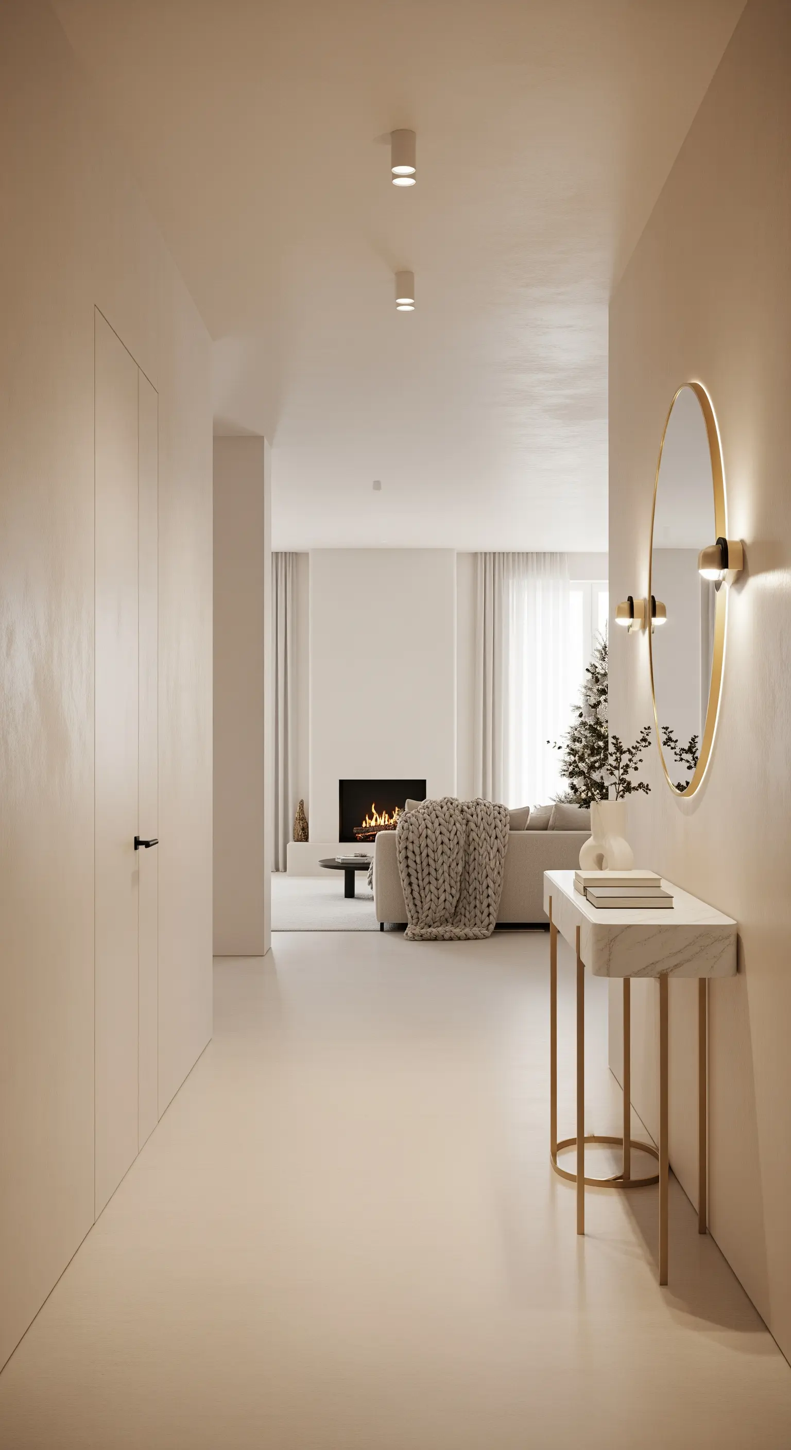 Eleganter Eingangsbereich mit Marmorkonsole, goldenem Spiegel und warmem Licht.