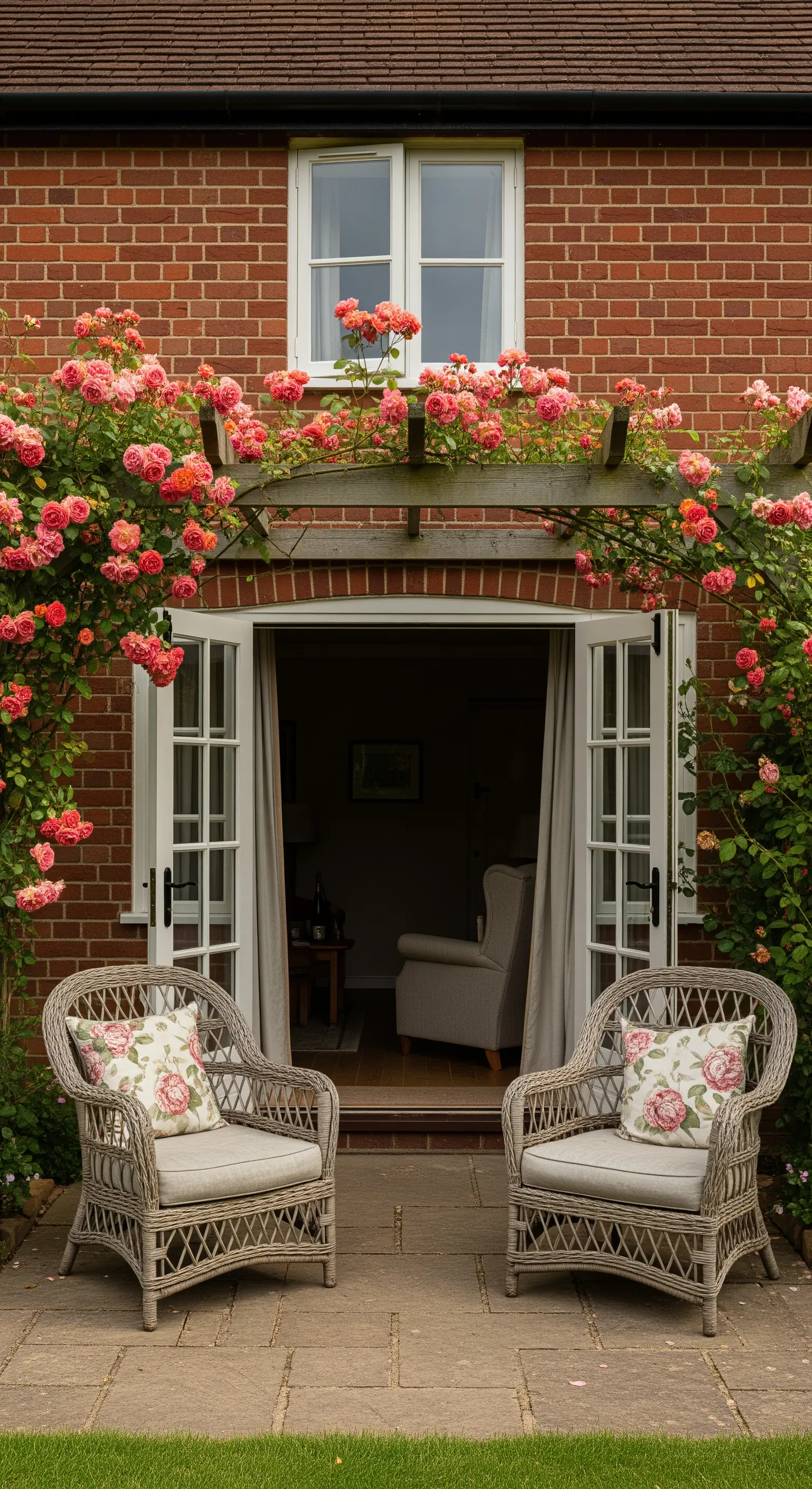 Eingangspergola mit rosa Kletterrosen und zwei Korbsesseln mit floralen Kissen