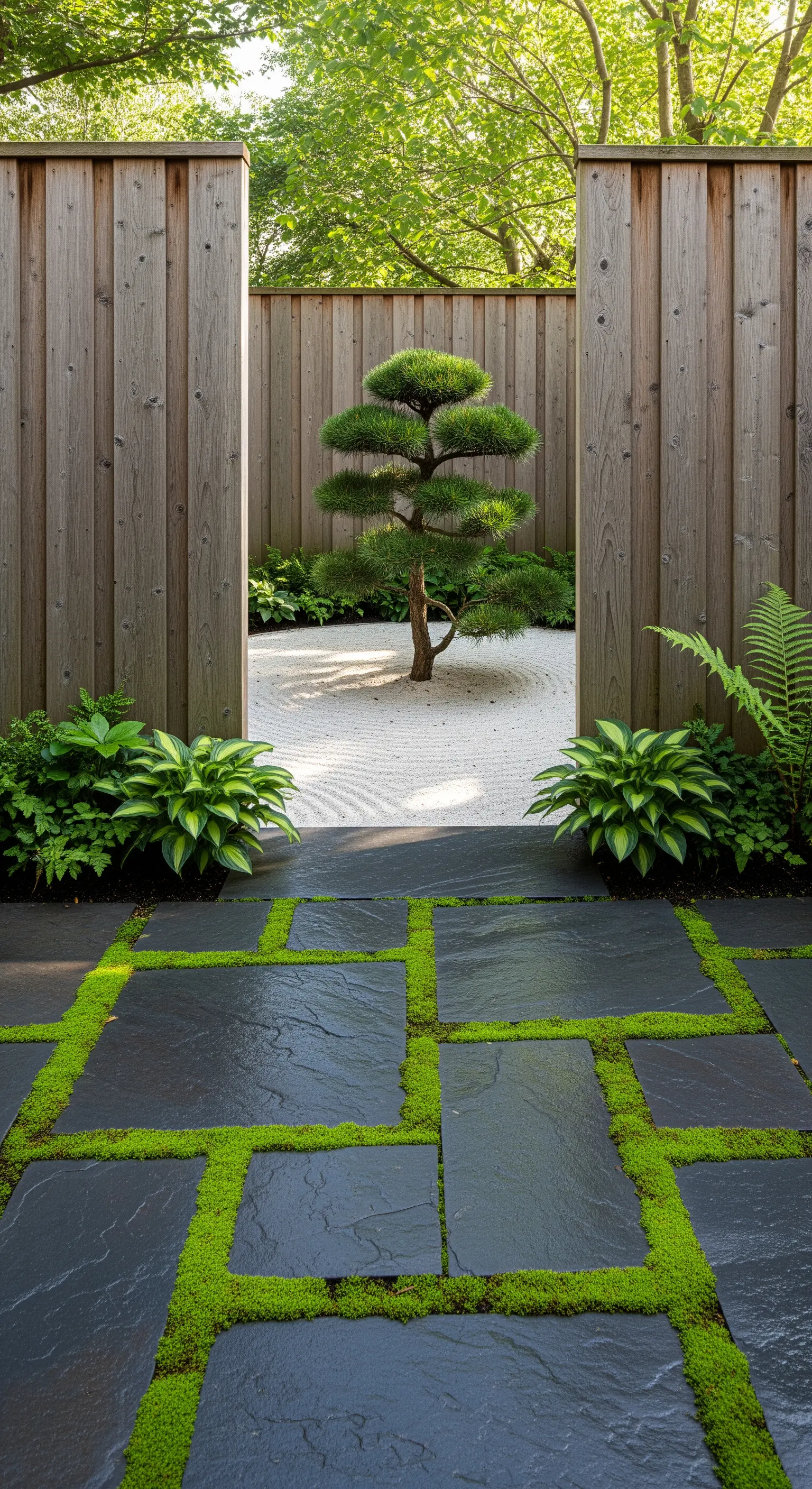 Japandi Holztor mit Sandgarten, Baum, Schieferplatten und Moosfugen