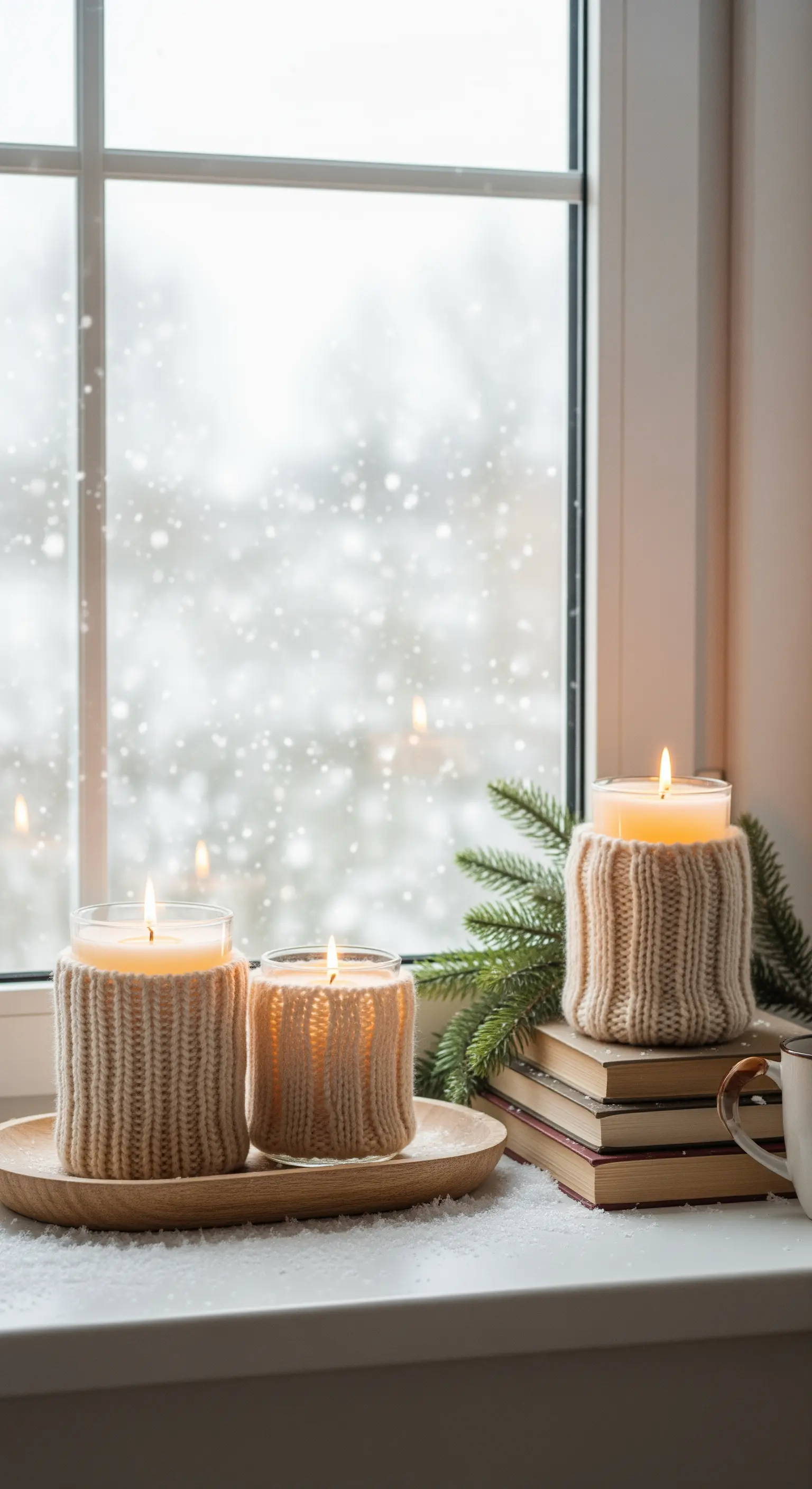 Kerzen in gestrickten Hüllen auf einem Holztablett neben einem Stapel Bücher.