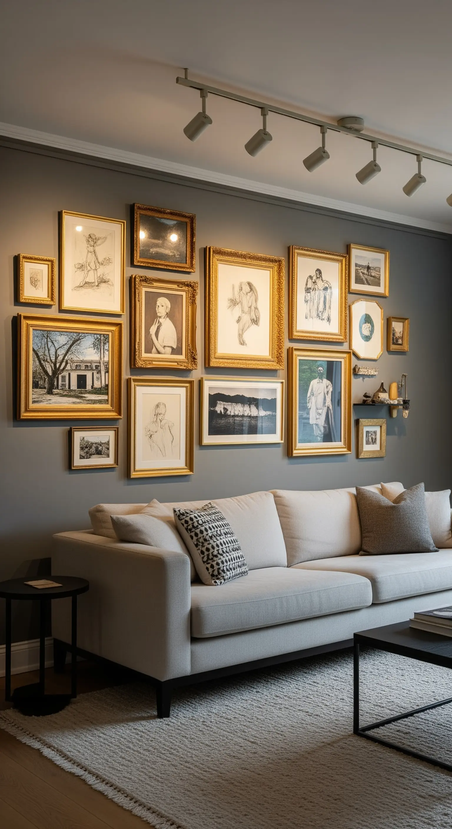 Galerie-Wand an einer grauen Wand mit vielen verschiedenen Kunstwerken in einheitlichen Goldrahmen.