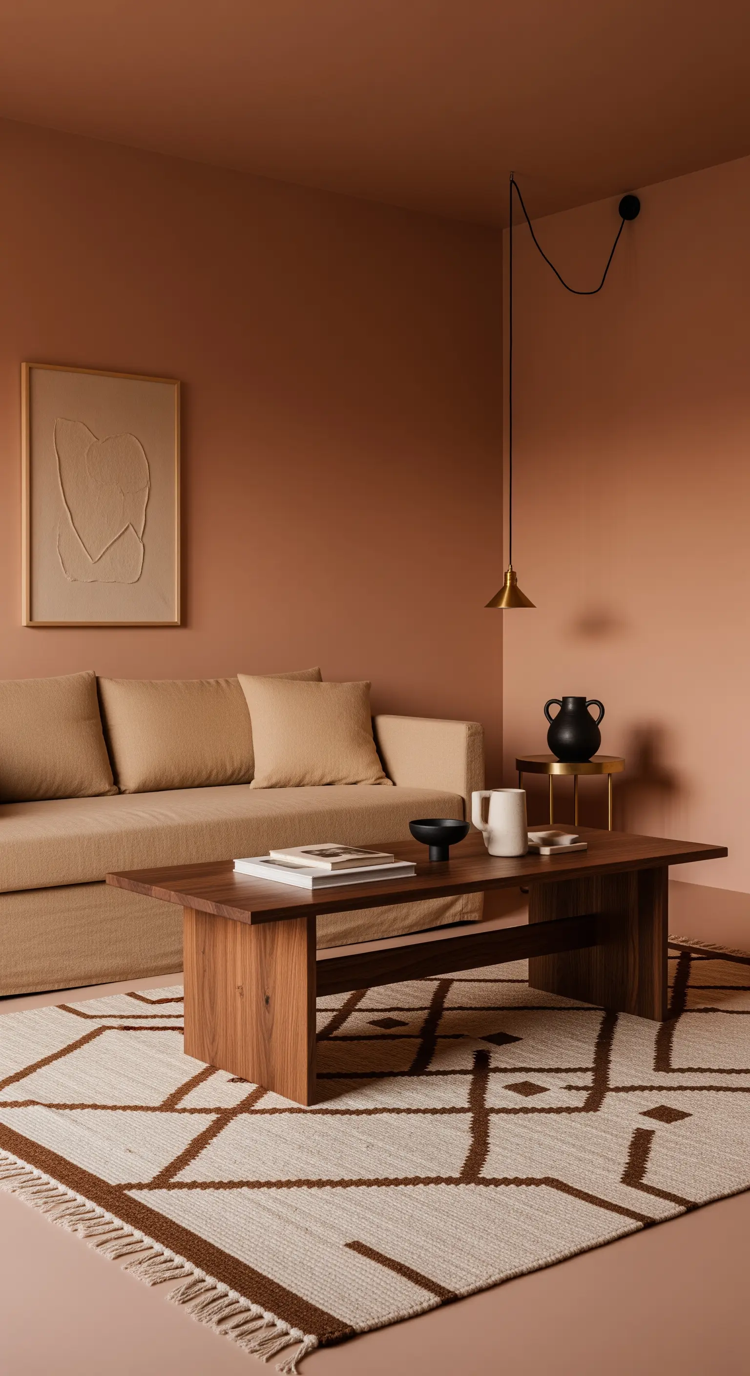 Wohnzimmer mit Wänden und Boden in einem warmen Terrakotta-Ton, kombiniert mit Holzmöbeln.