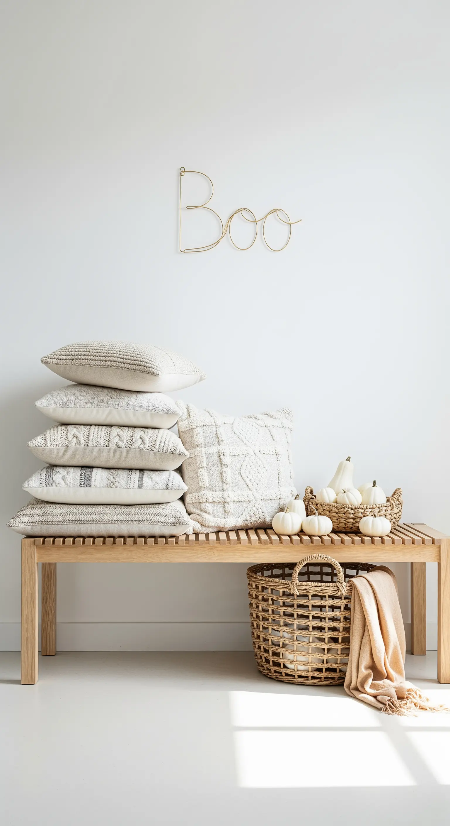 Holzbank mit gestapelten Kissen, Korb mit weißen Kürbissen und 