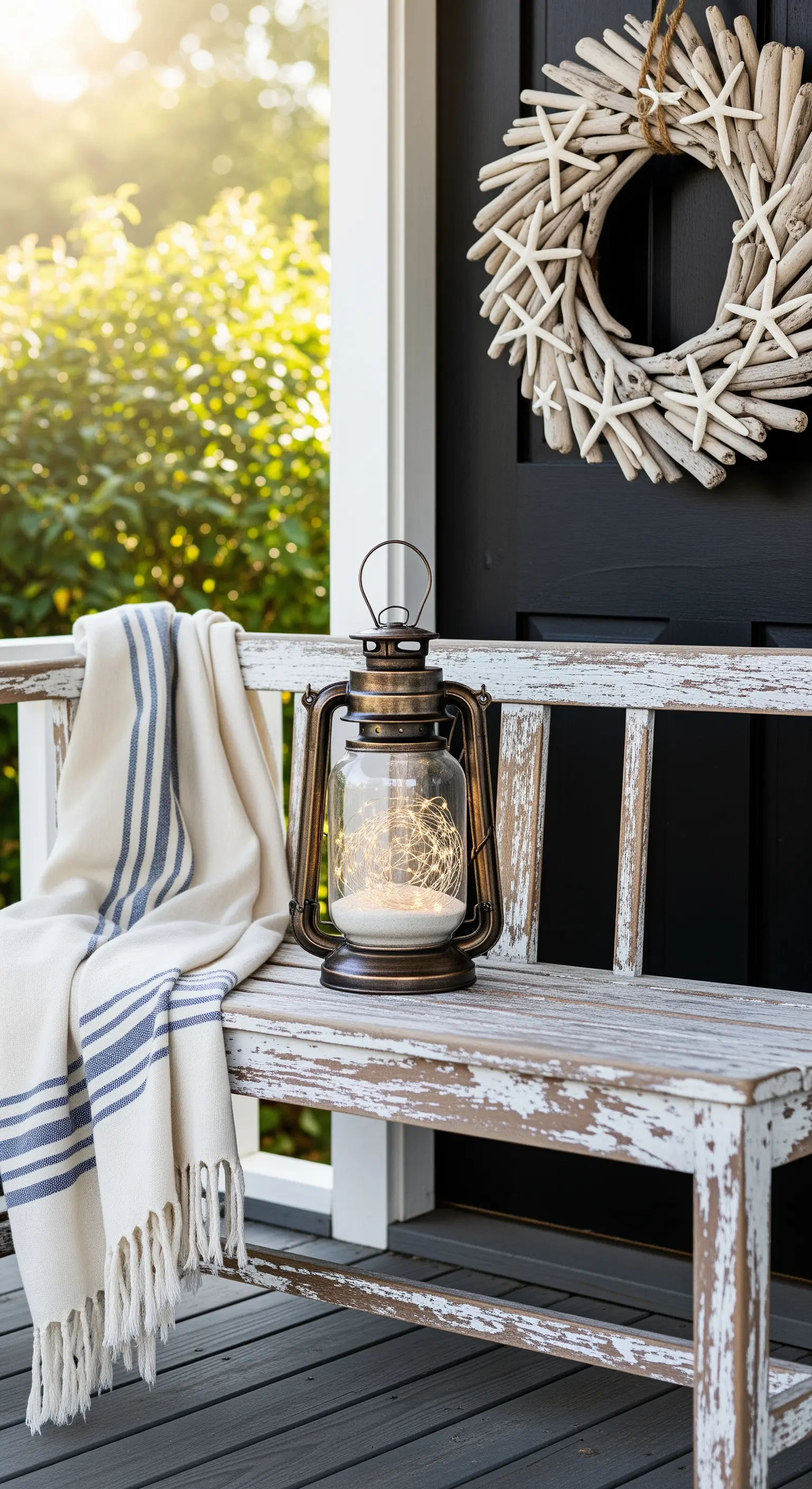 Veranda mit Treibholz-Kranz, Laterne mit Lichterkette und gestreifter Decke