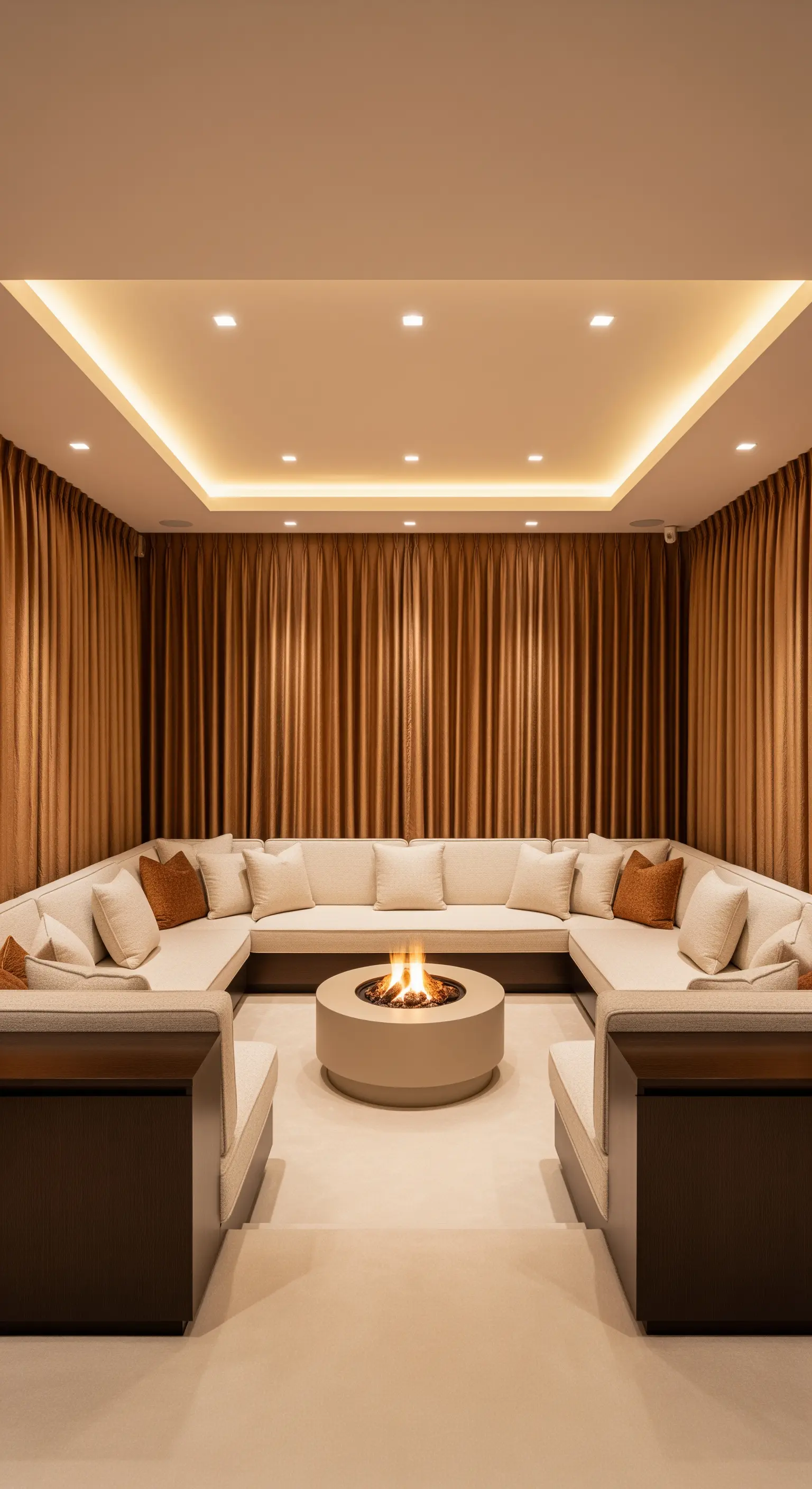 Gesprächsecke mit zentraler Feuerstelle, umgeben von goldbraunen Vorhängen.
