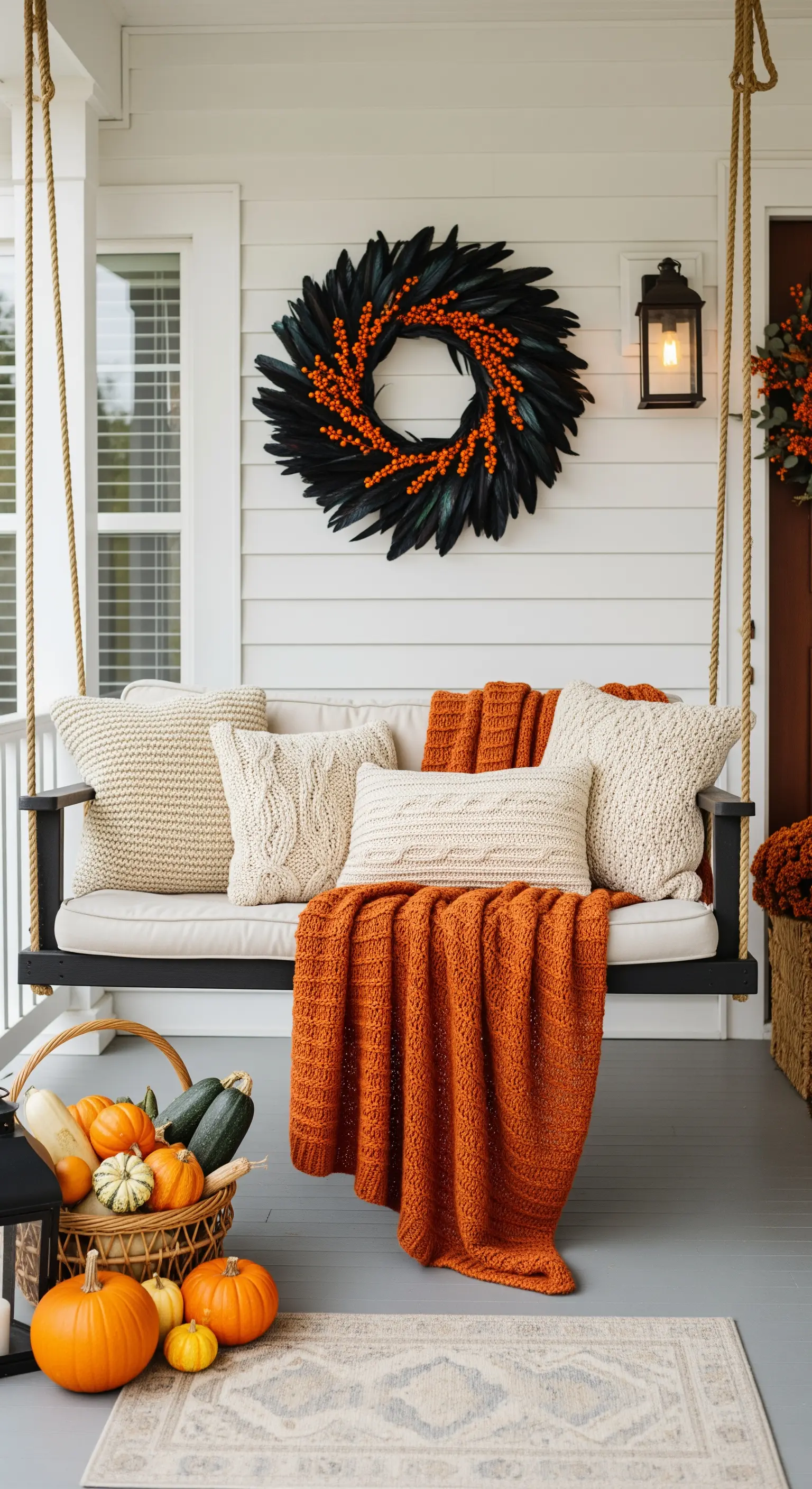 Veranda mit Schaukelbank, Strickkissen, orangener Decke, dunklem Beerenkranz und Kürbissen im Korb.