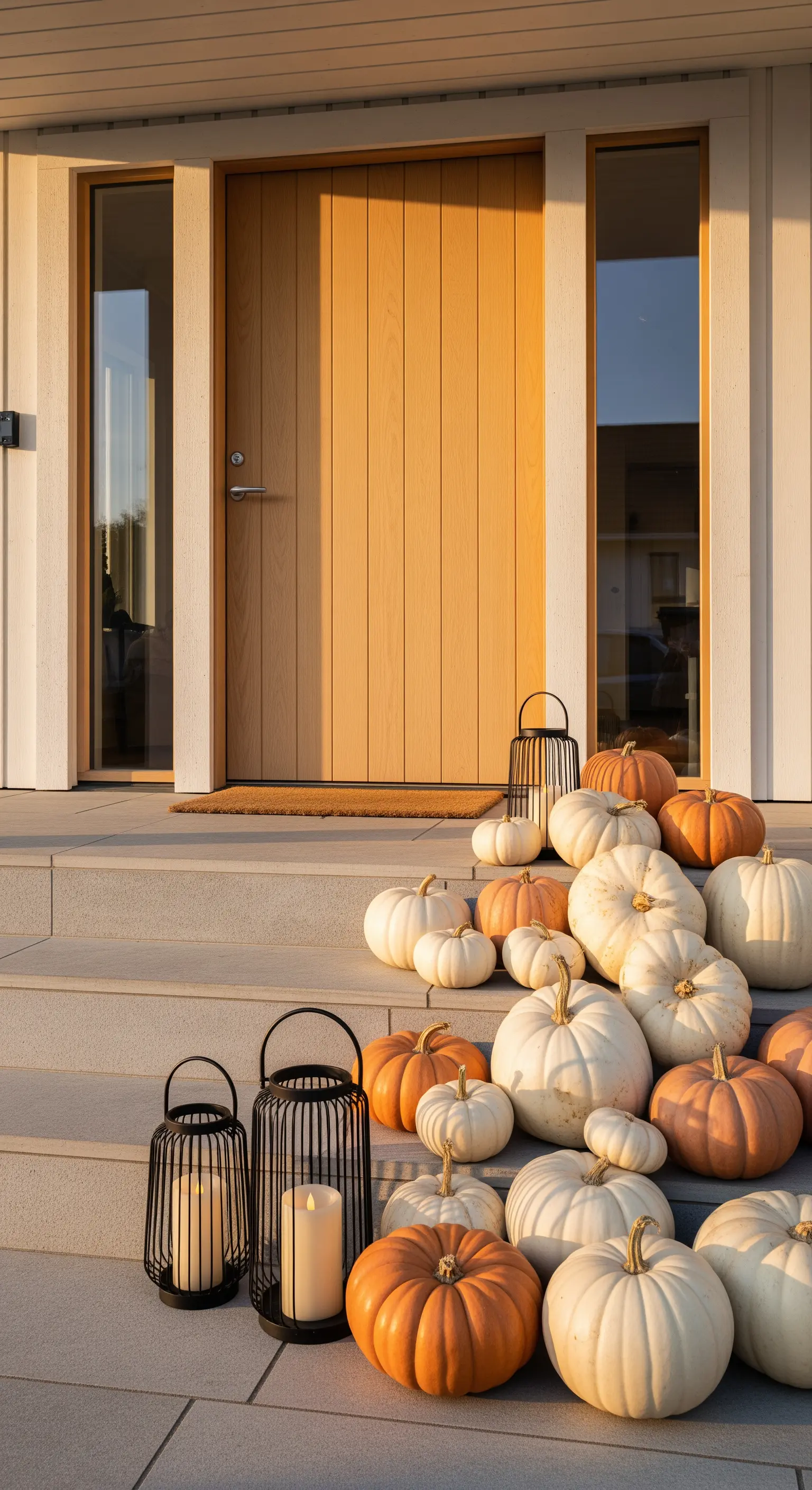 Eingangstreppe mit einer großen Ansammlung von weißen und orangen Kürbissen und schwarzen Laternen.