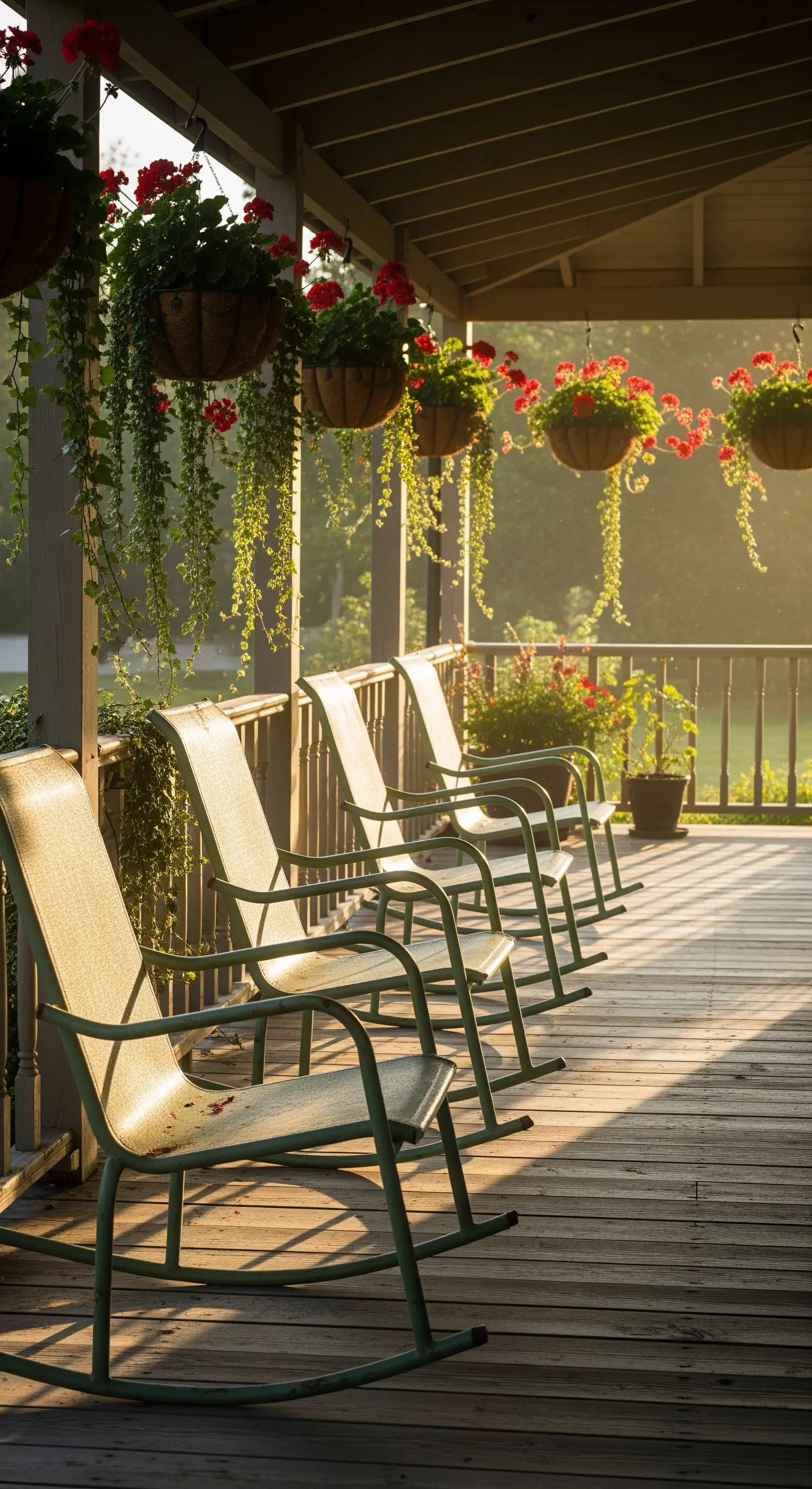 Reihe von grünen Schaukelstühlen auf einer Holzveranda mit hängenden Blumen im Morgenlicht
