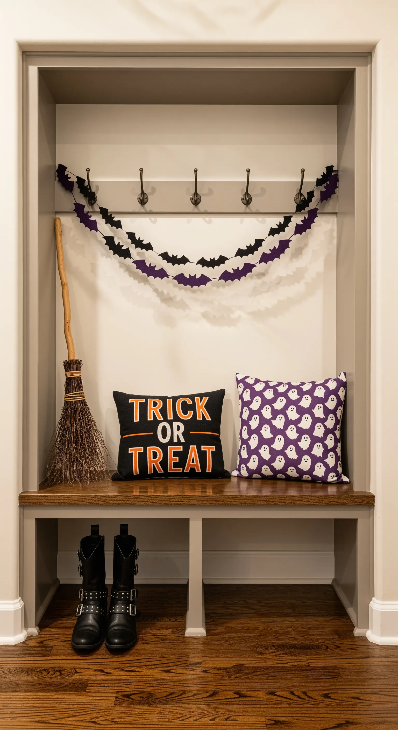 Halloween-Garderobe mit Fledermausgirlande, thematischen Kissen und Besen.
