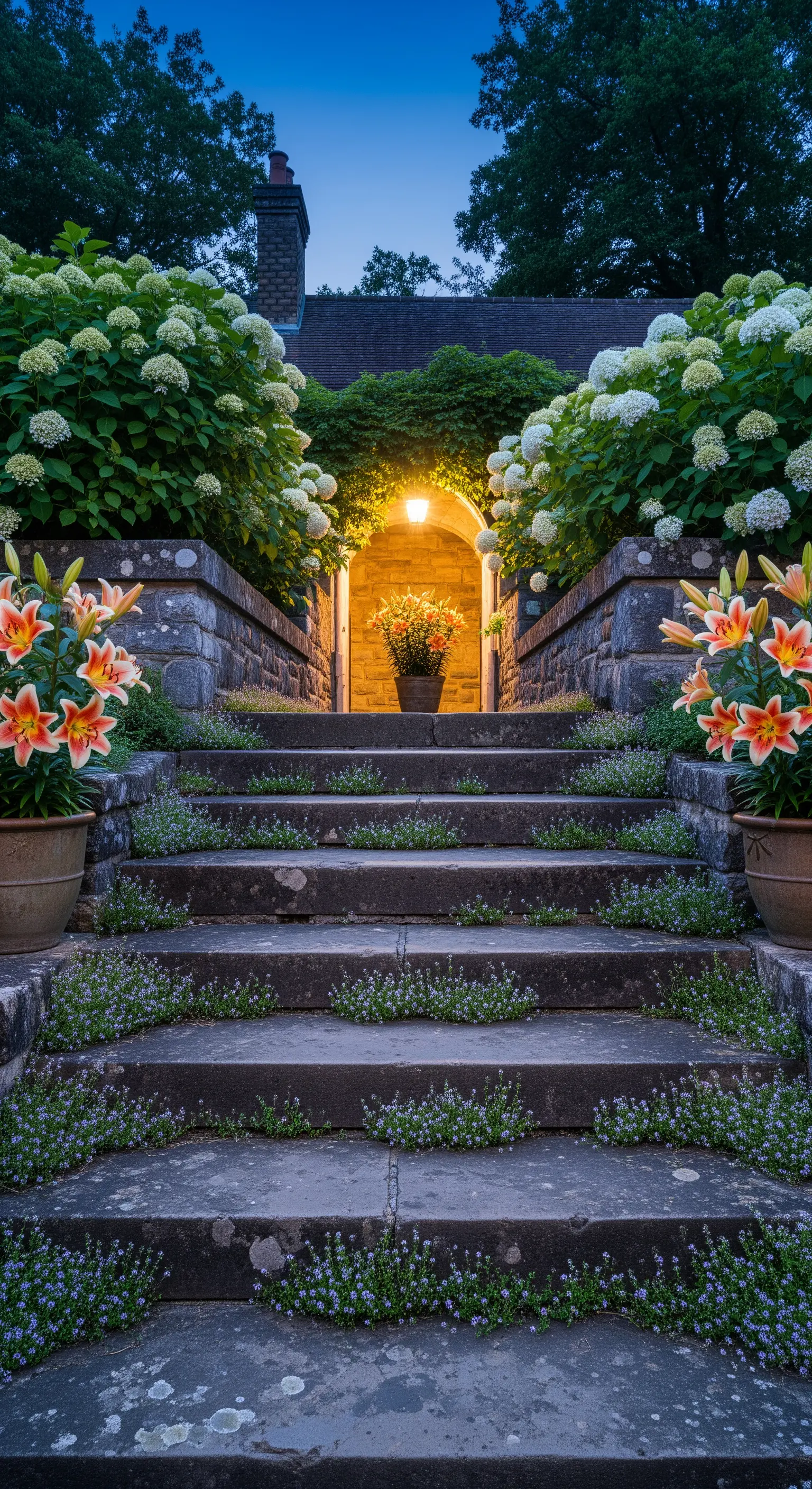 Eine alte Steintreppe, flankiert von Hortensien und Lilien, mit einem beleuchteten Eingang oben.