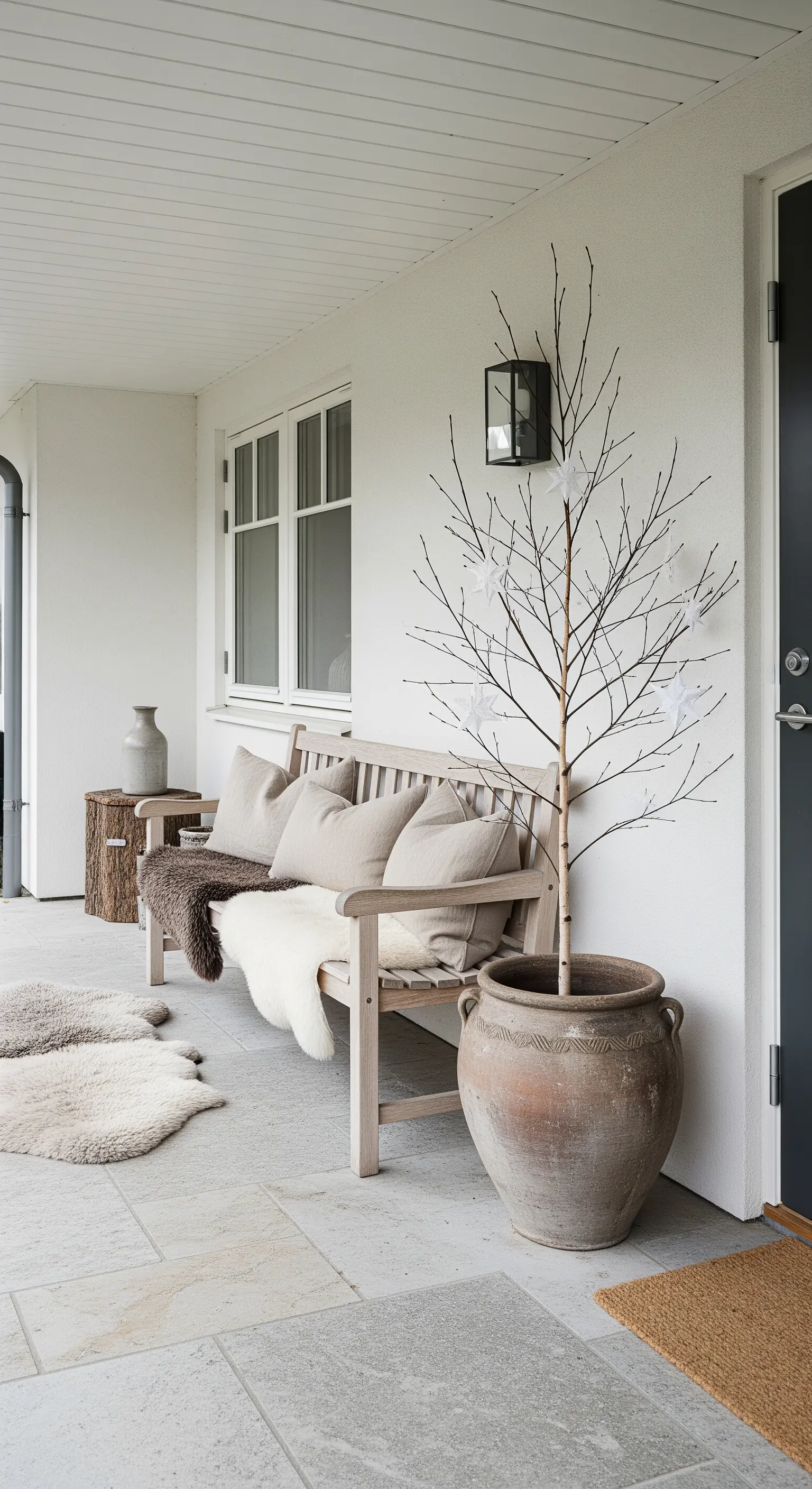 Veranda mit Holzbank, Fellen, Baum in Terrakotta-Topf und Holzklotz