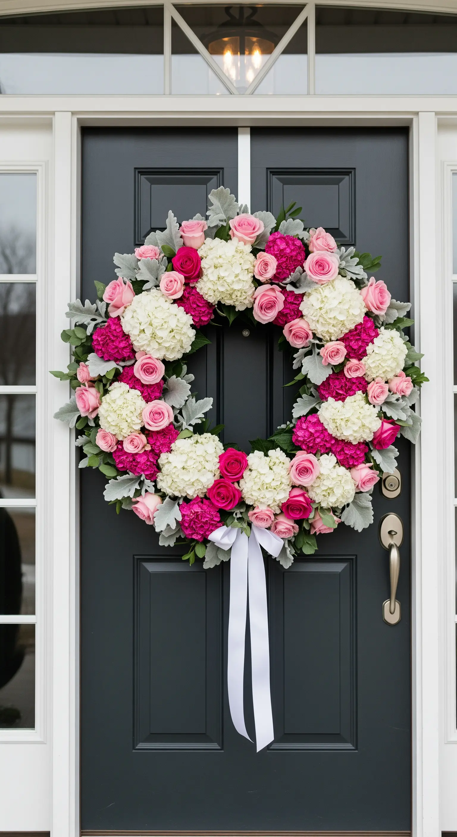 Üppiger Blumenkranz mit rosa und weißen Blüten an einer dunklen Haustür.