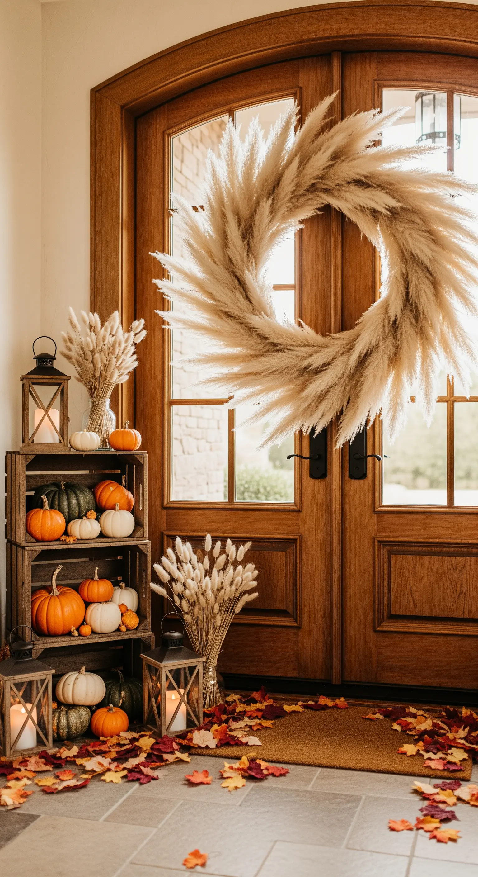 Herbstliche Haustürdeko, Pampasgras-Kranz, Kürbis-Stapel