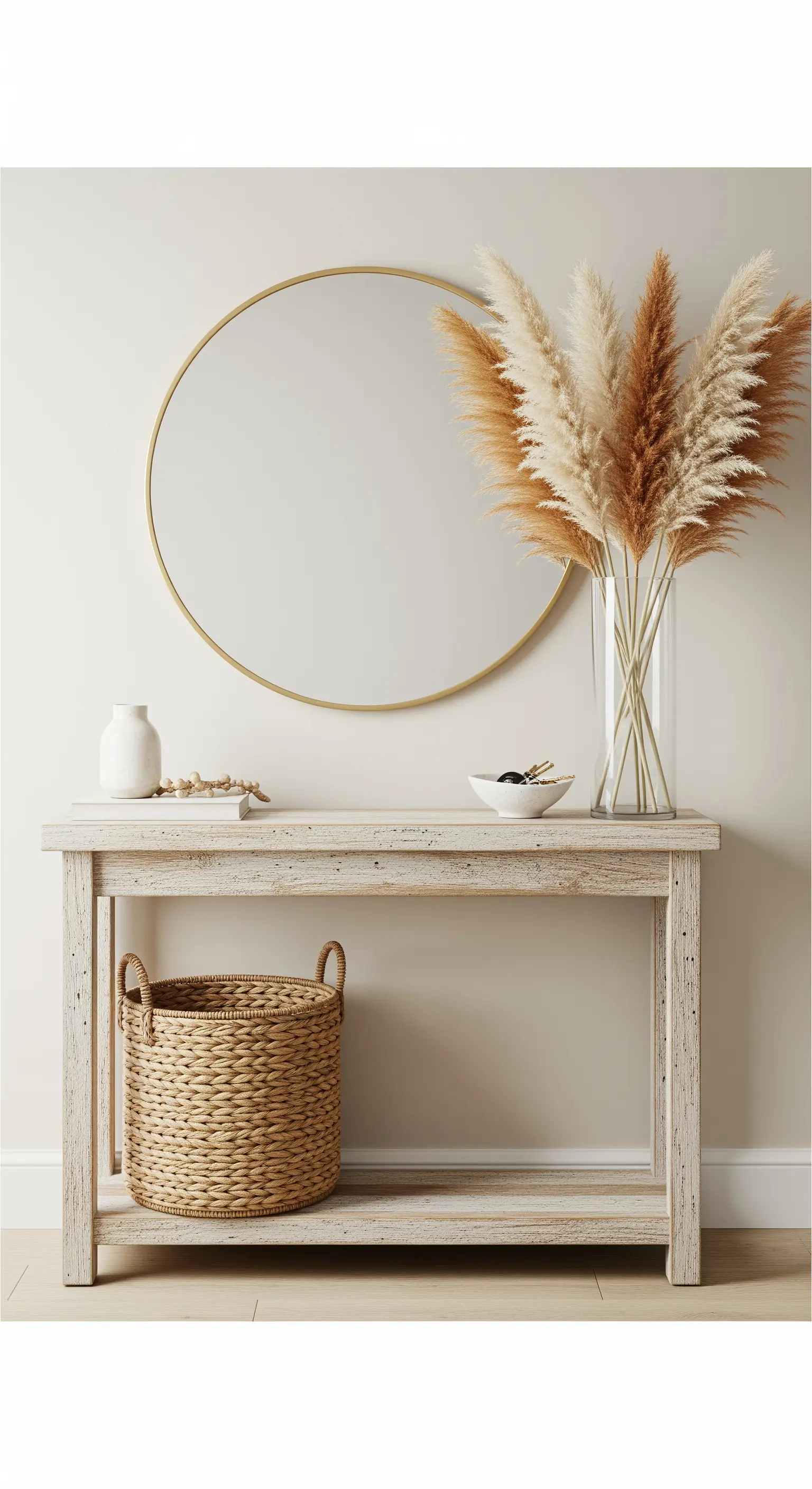 Eingangsbereich mit Goldspiegel, Pampasgras, geflochtenem Korb und heller Konsole.