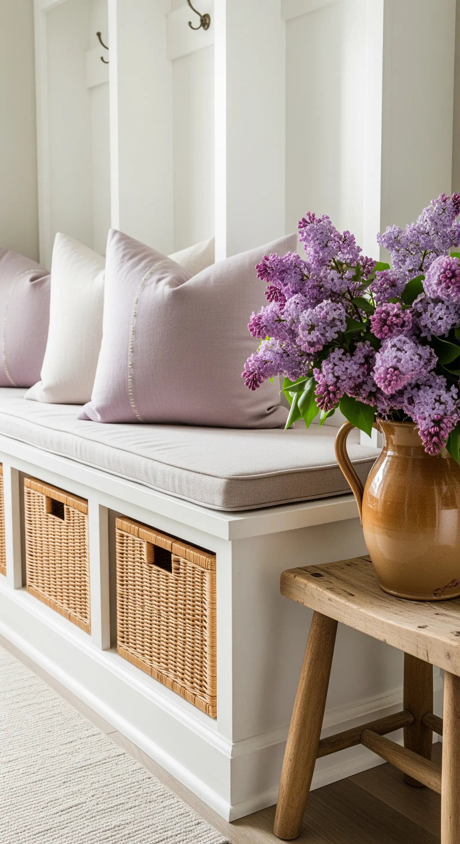 Eingangsbank mit lila Kissen, geflochtenen Körben und einem Fliederstrauß.