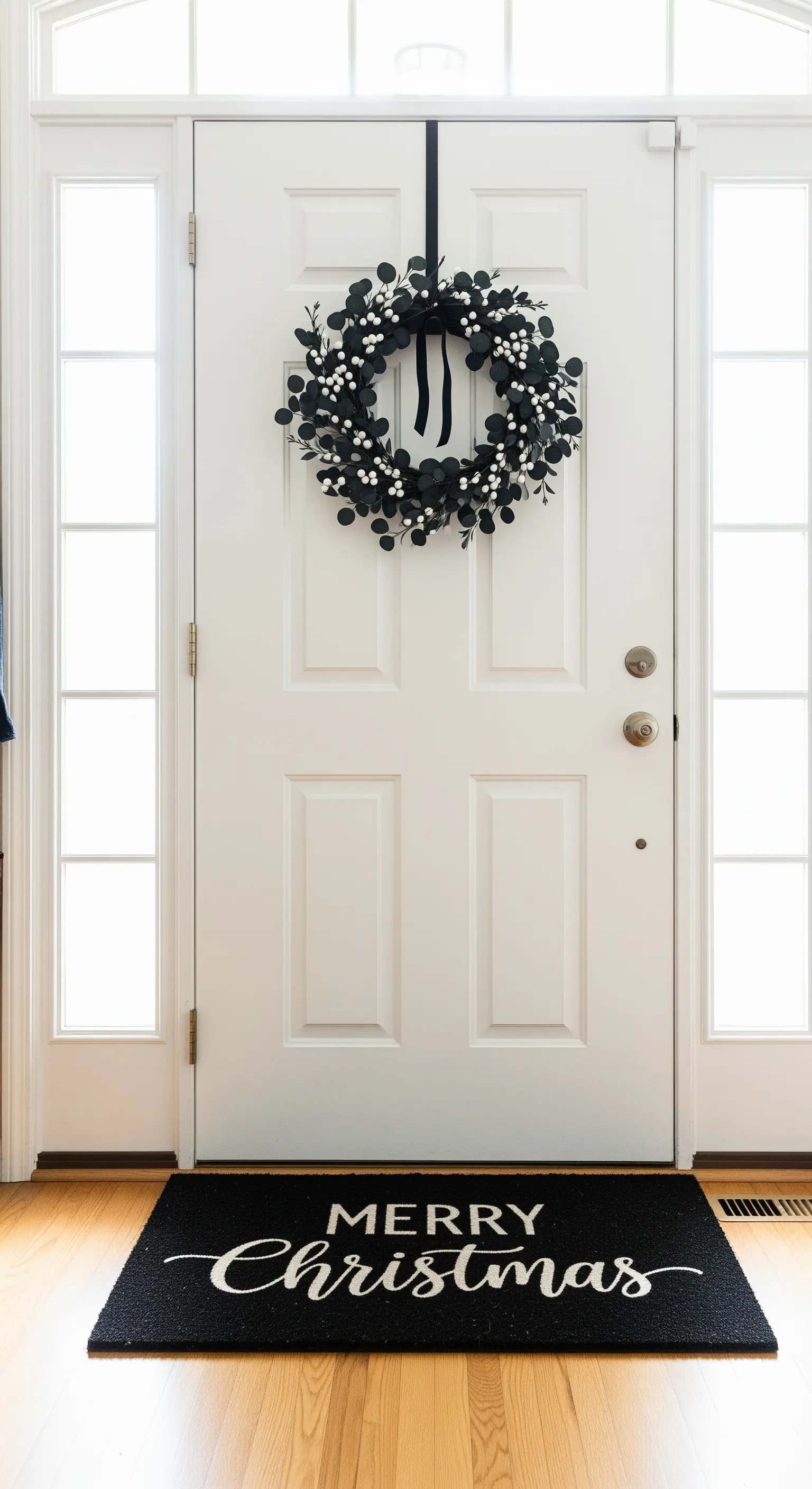 Weiße Haustür mit schwarz-weißem Kranz und festlicher Fußmatte.