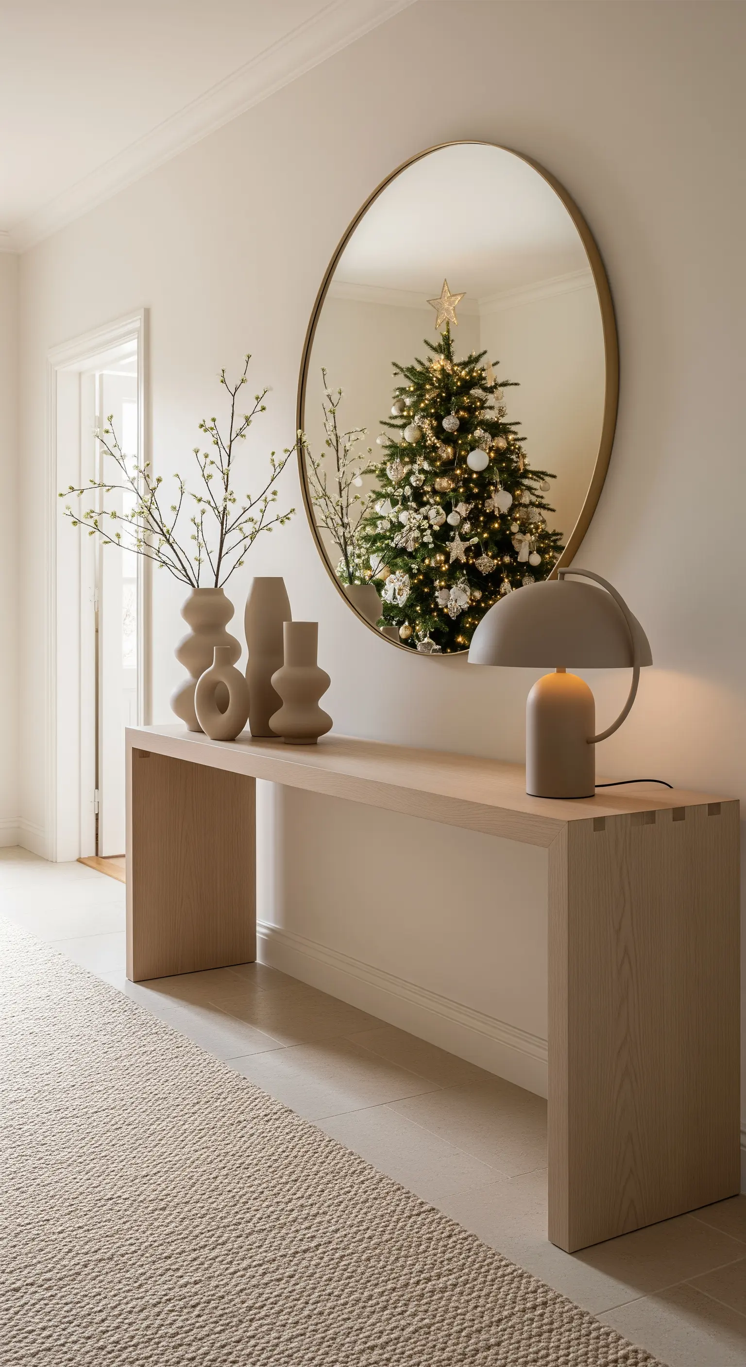 Flur mit Konsolentisch, großem Spiegel und Deko in Naturtönen