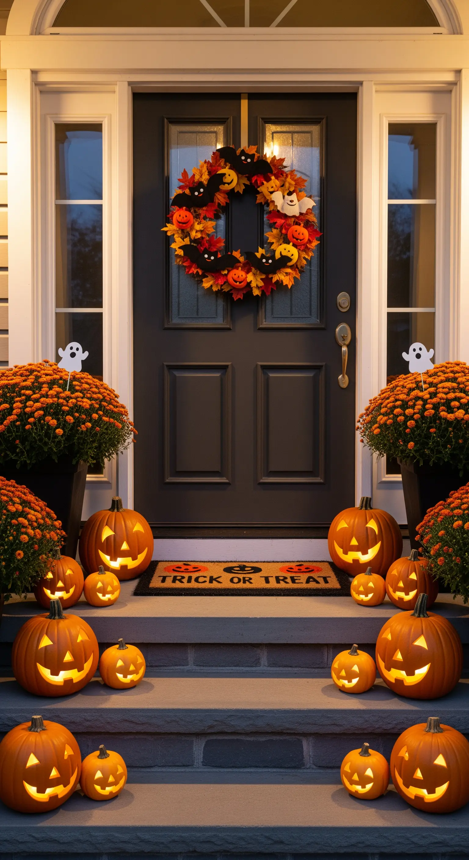 Einladender Hauseingang mit leuchtenden Kürbissen auf den Stufen und einem Halloween-Kranz an der Tür.