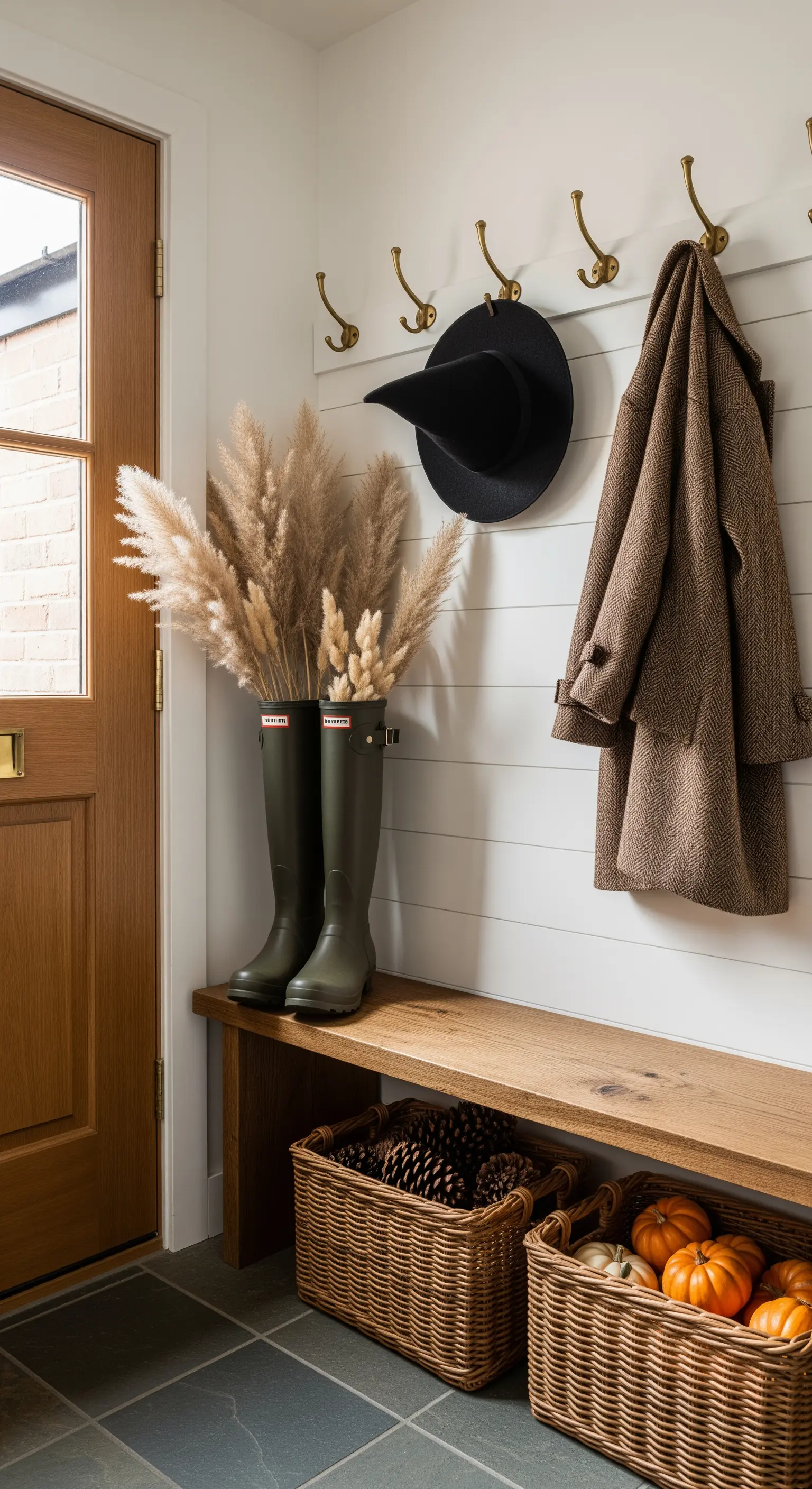 Herbstlicher Eingangsbereich mit Holzbank, Pampasgras, Hexenhut und Körben.