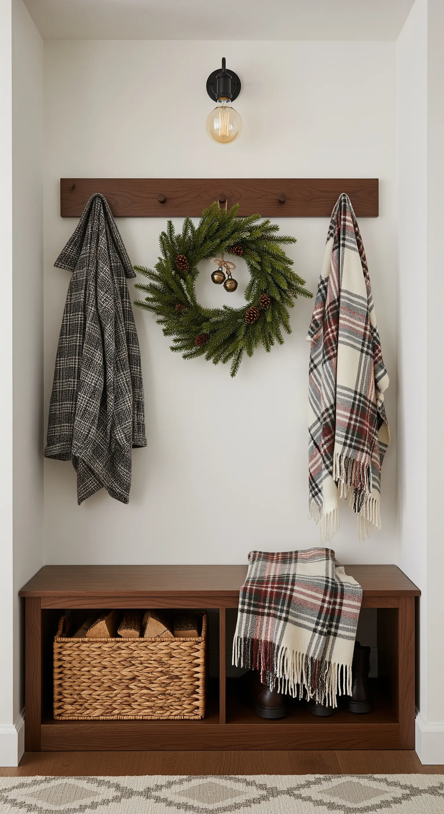 Eingangsbereich mit Holzbank, Garderobe, Winterkranz und kariertem Plaid.