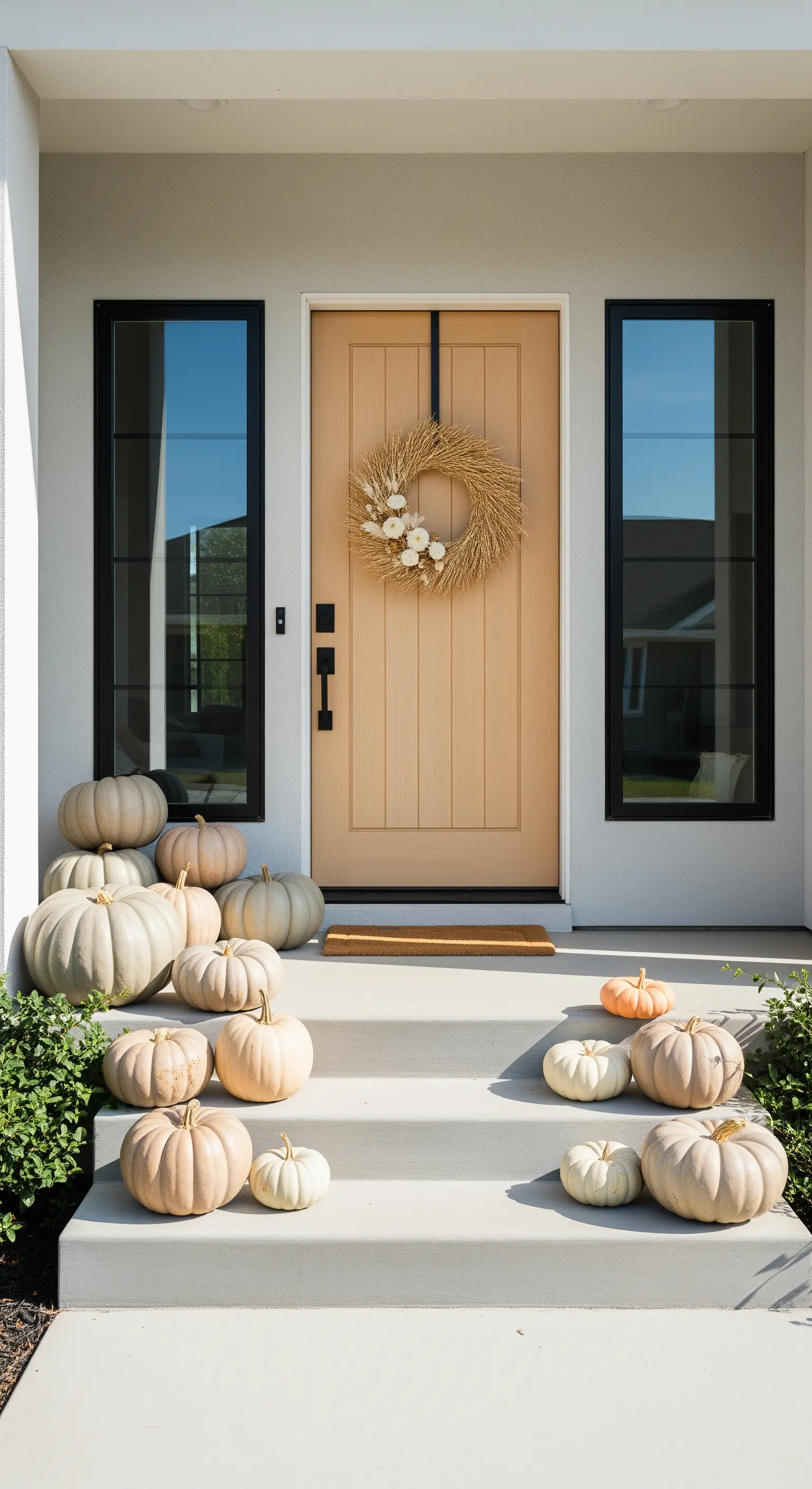 Hauseingang mit vielen beigen und hellen Kürbissen auf den Treppen und Strohkranz an der Tür.