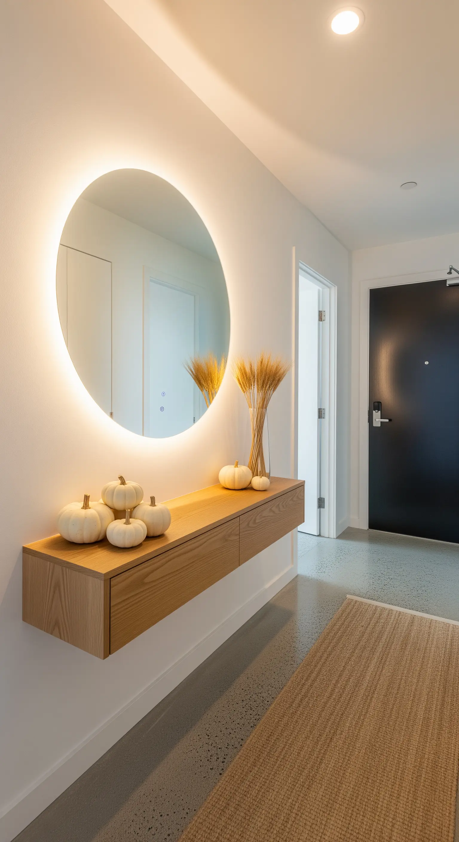 Minimalistischer Eingangsbereich mit beleuchtetem Spiegel, Konsole und weißen Kürbissen